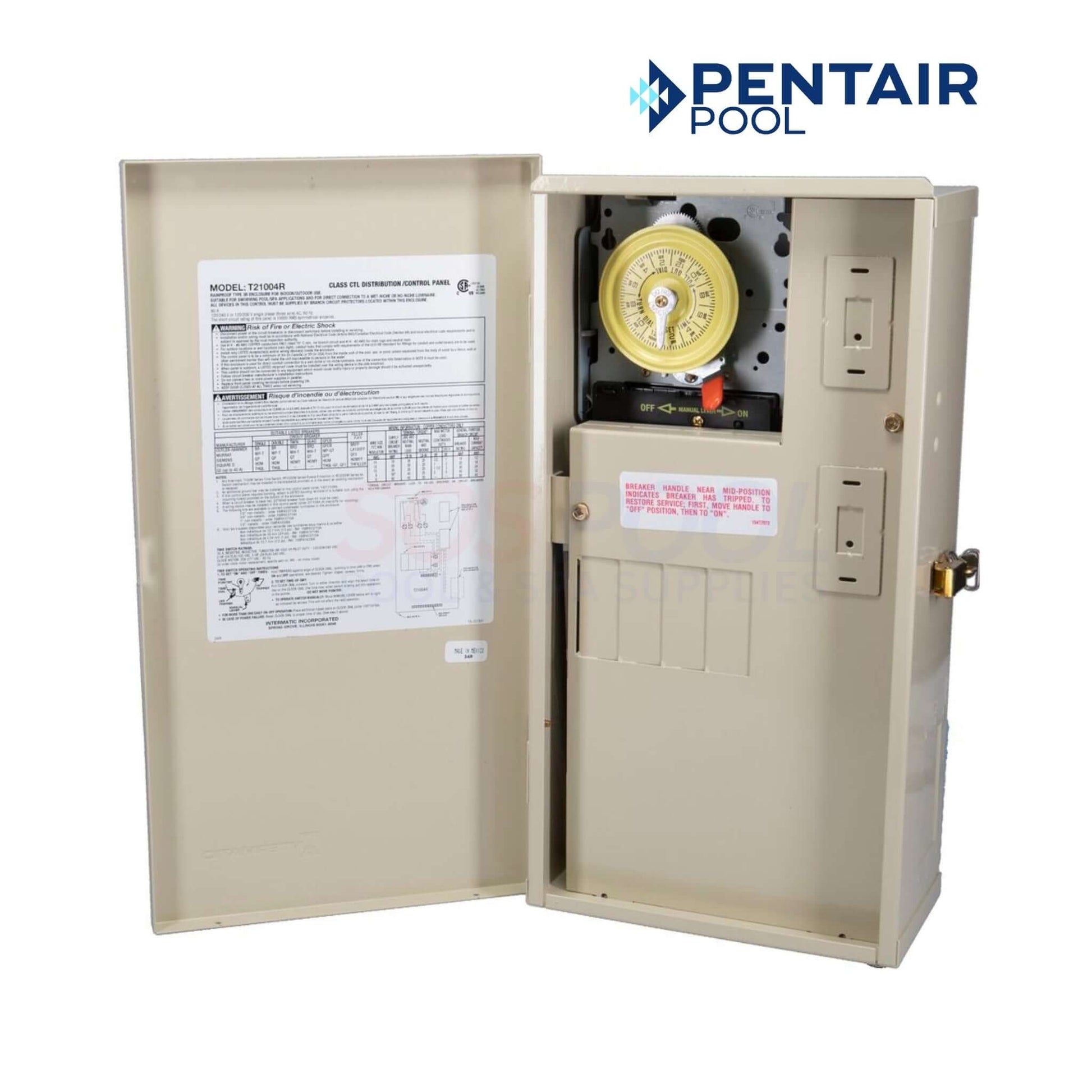 Intermatic T21004R 60 AMP Load Center with T104M timer for pool management, beige exterior, opened for detailed view.