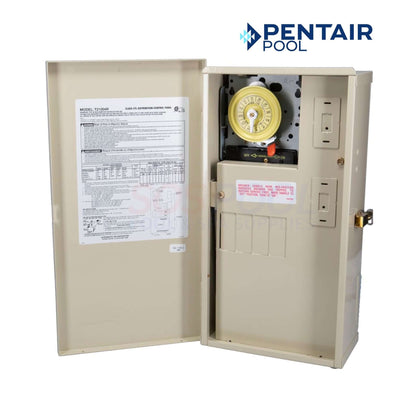 Intermatic T21004R 60 AMP Load Center with T104M timer for pool management, beige exterior, opened for detailed view.