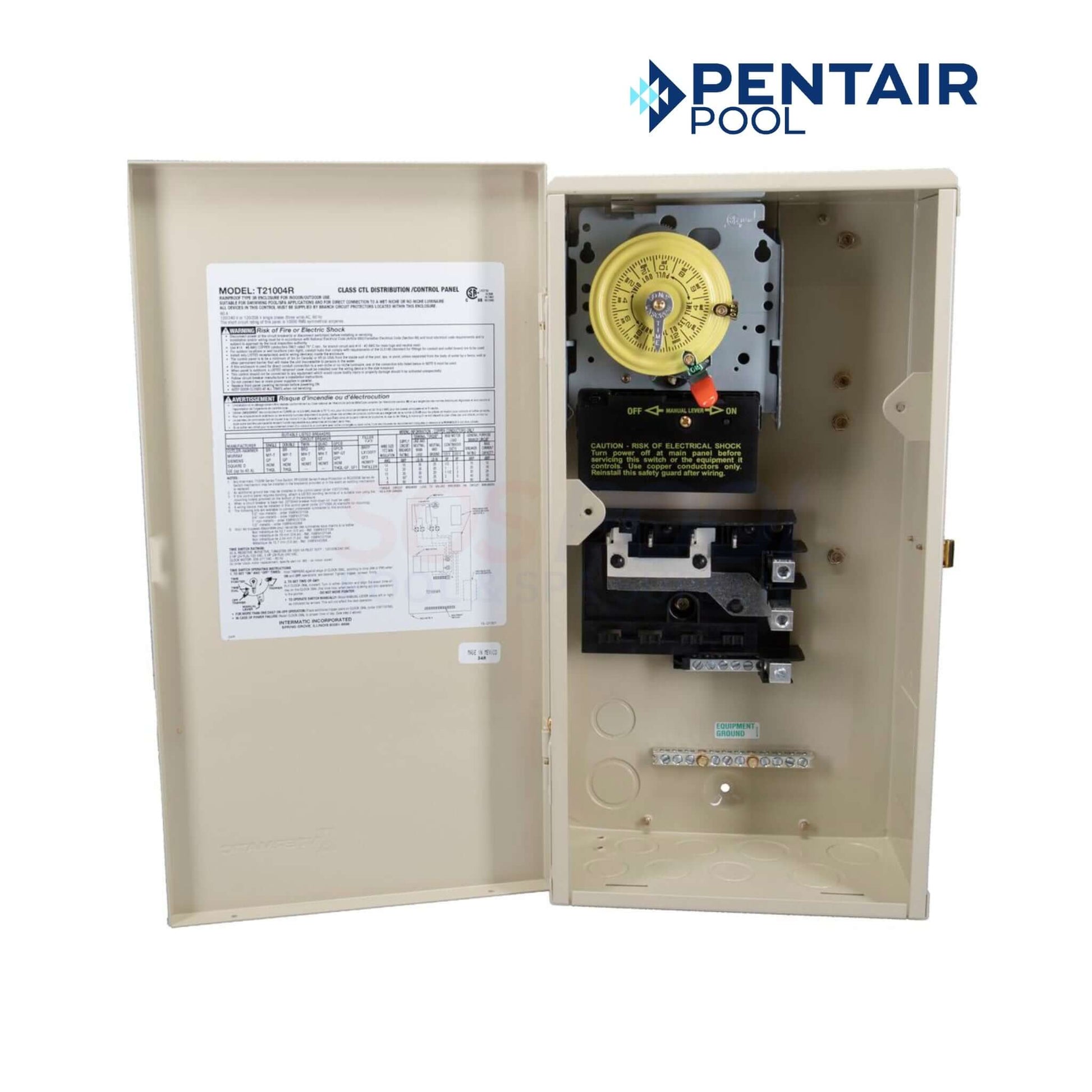Intermatic 60 AMP Load Center T104M T21004R showing interior components, timer mechanism, and control panel for pool supplies.