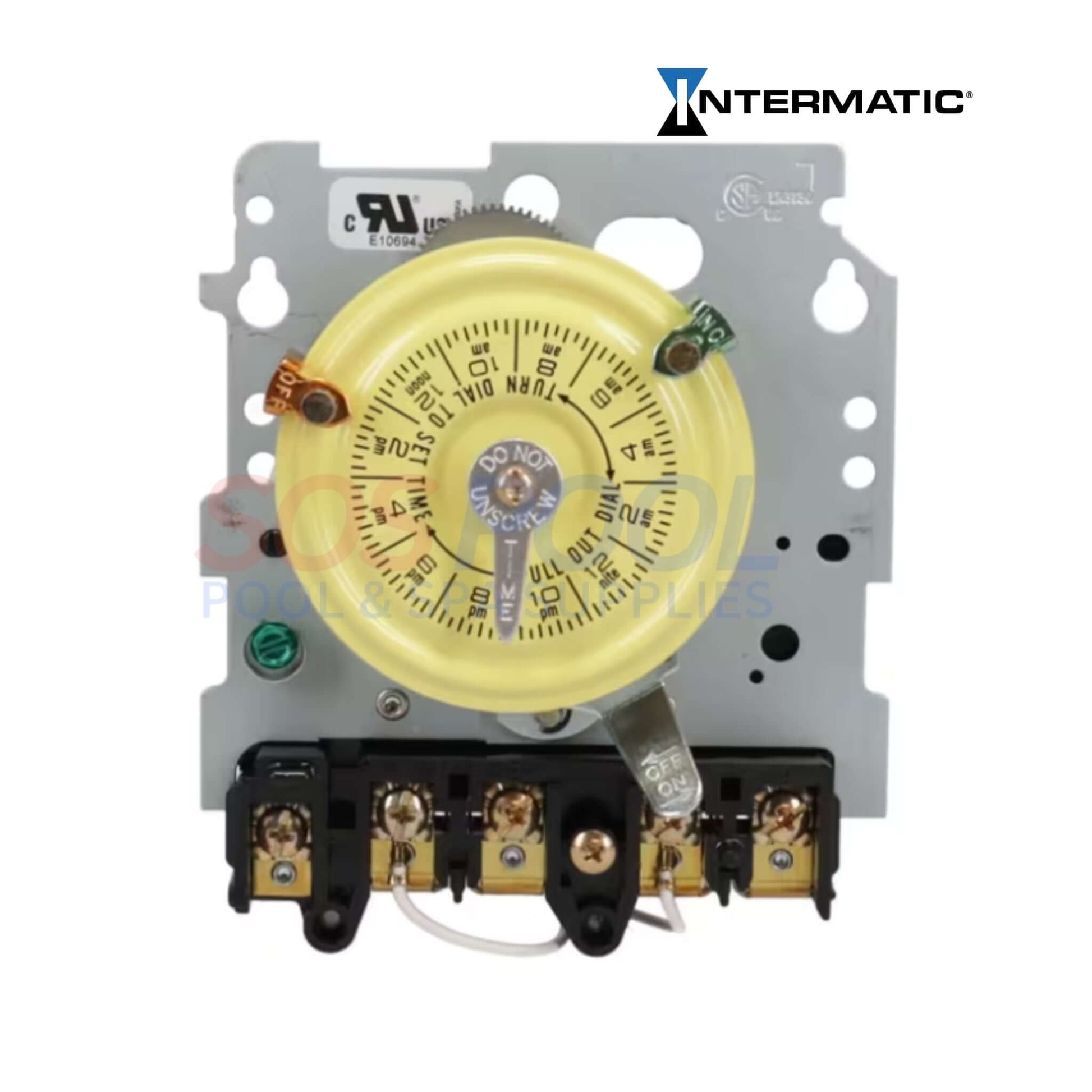 Intermatic T104M mechanical time switch mechanism for SOS Pool; 24-hour timer with 12 ON/OFF operations, 40 amp load capacity.