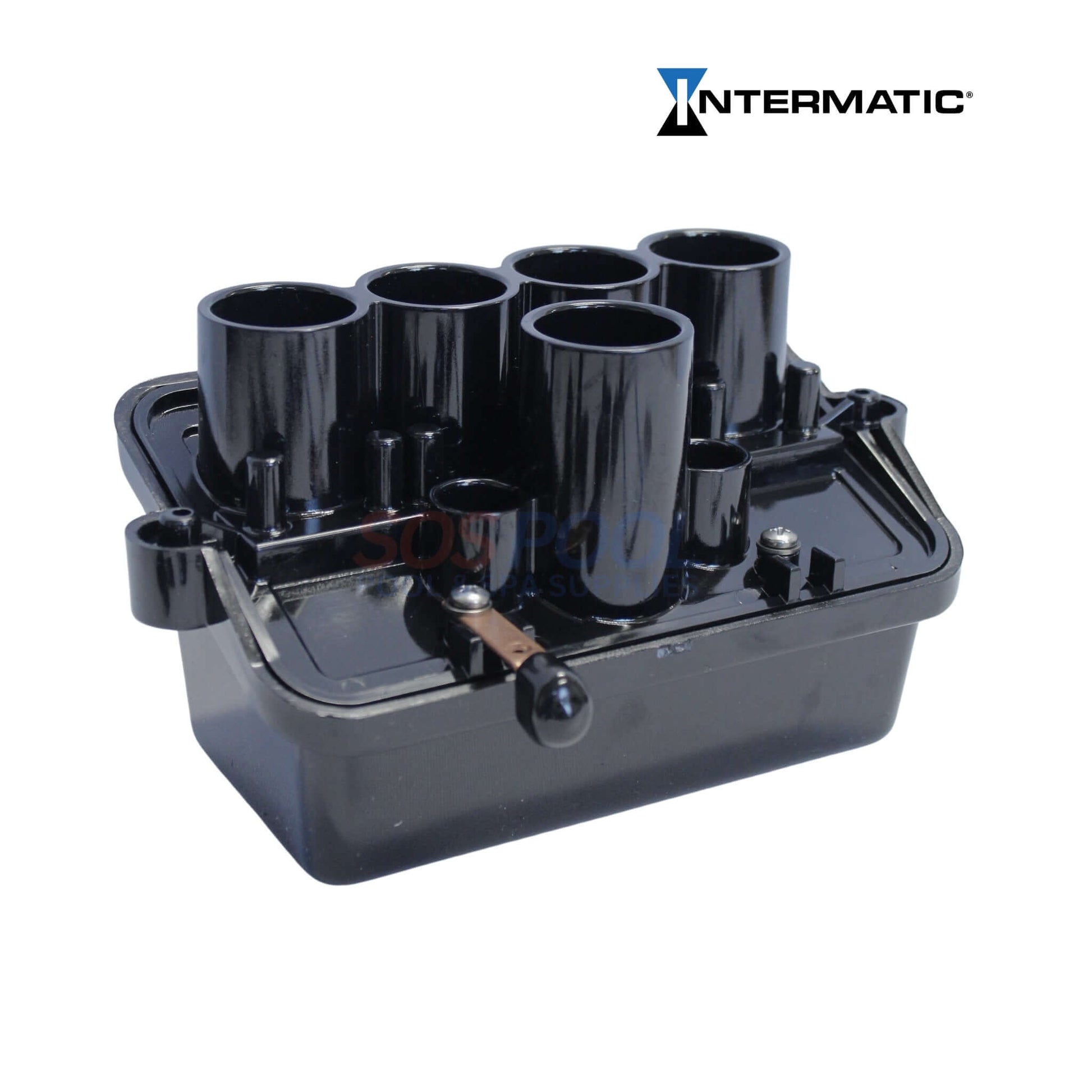Intermatic Pool & Spa 4 Light Junction Box | PJB4175 in black, featuring six conduits for pool light circuits, ideal for outdoor use.