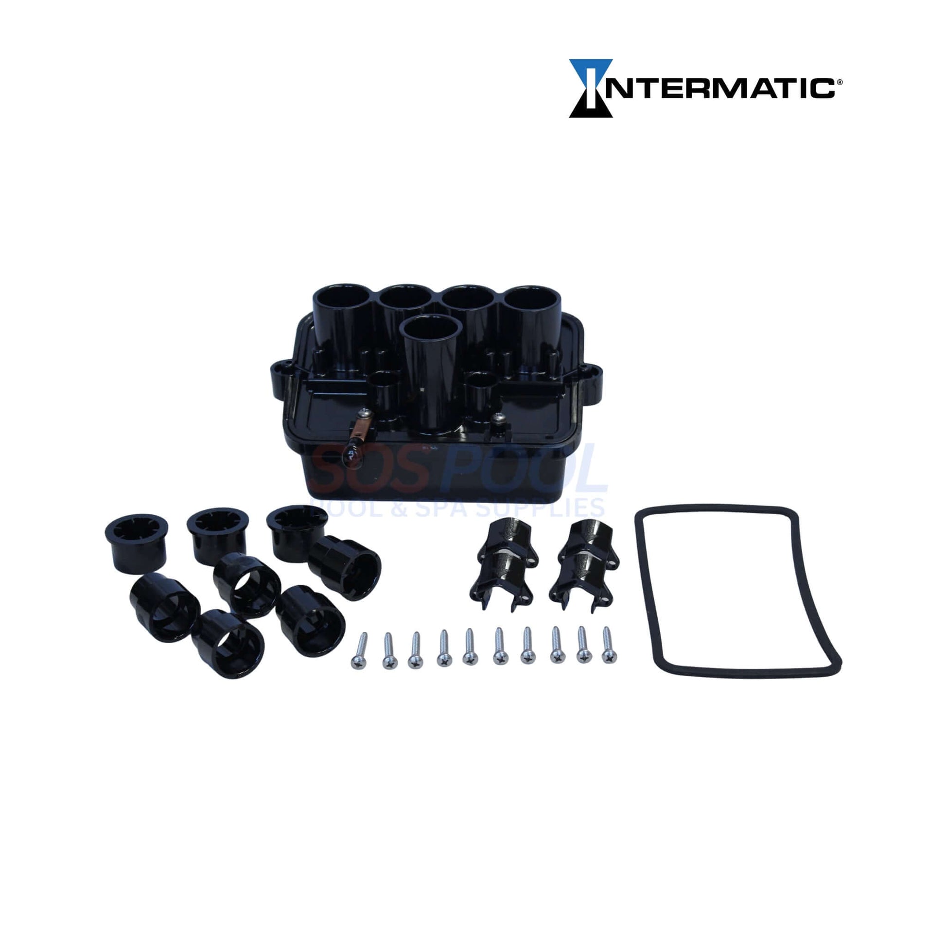 Intermatic Pool & Spa 4 Light Junction Box | PJB4175 in black with conduit fittings, screws, and gasket for outdoor pool supplies.