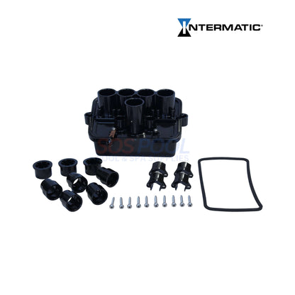 Intermatic Pool & Spa 4 Light Junction Box | PJB4175 in black with conduit fittings, screws, and gasket for outdoor pool supplies.