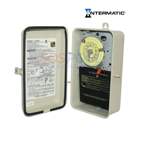 Intermatic T104R3 24 Hour Time Switch, SOS Pool, DPST switch, controls heaters and pumps.