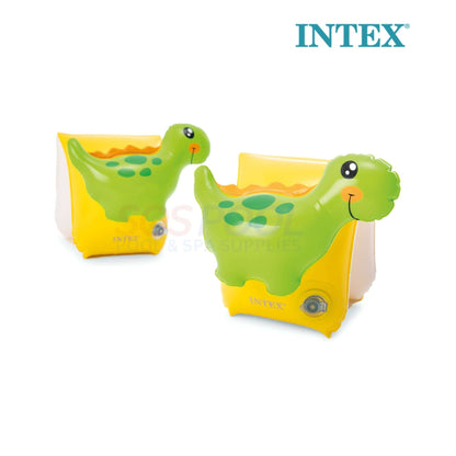 Intex Dinosaur Arm Bands for toddlers with 3D green dinosaur design, SOS Pool, SKU 32132J, bright and safe for water activities.