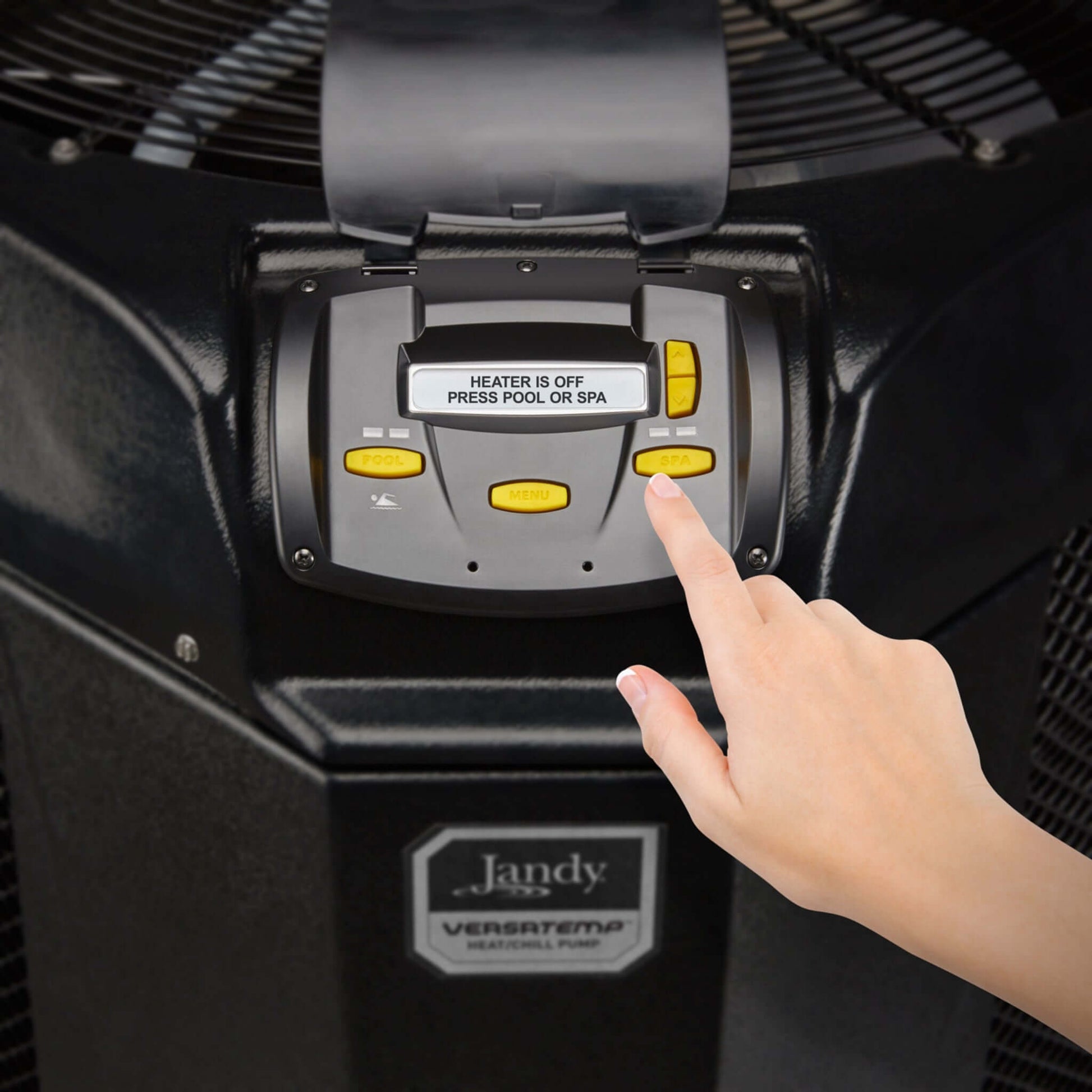 Close-up of Jandy VersaTemp JRT3000R control panel, highlighting buttons for heater settings, ideal for pool supplies.