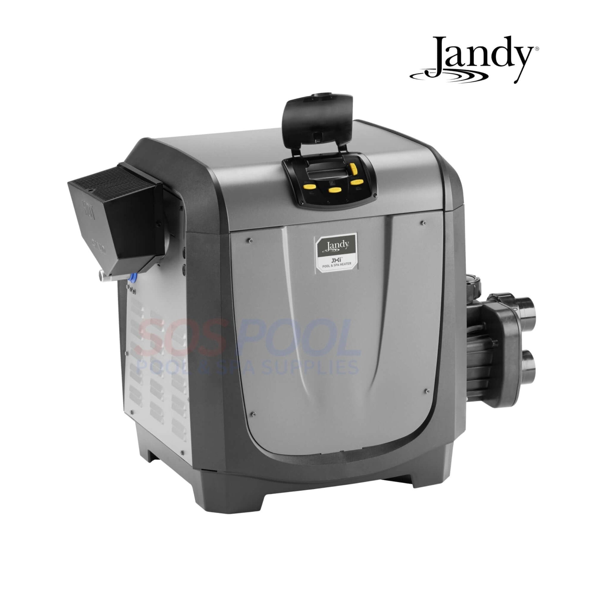 Jandy JXi 260 BTU Natural Gas Pool & Spa Heater, compact design, grey color, energy-efficient, SOS Pool supplies.