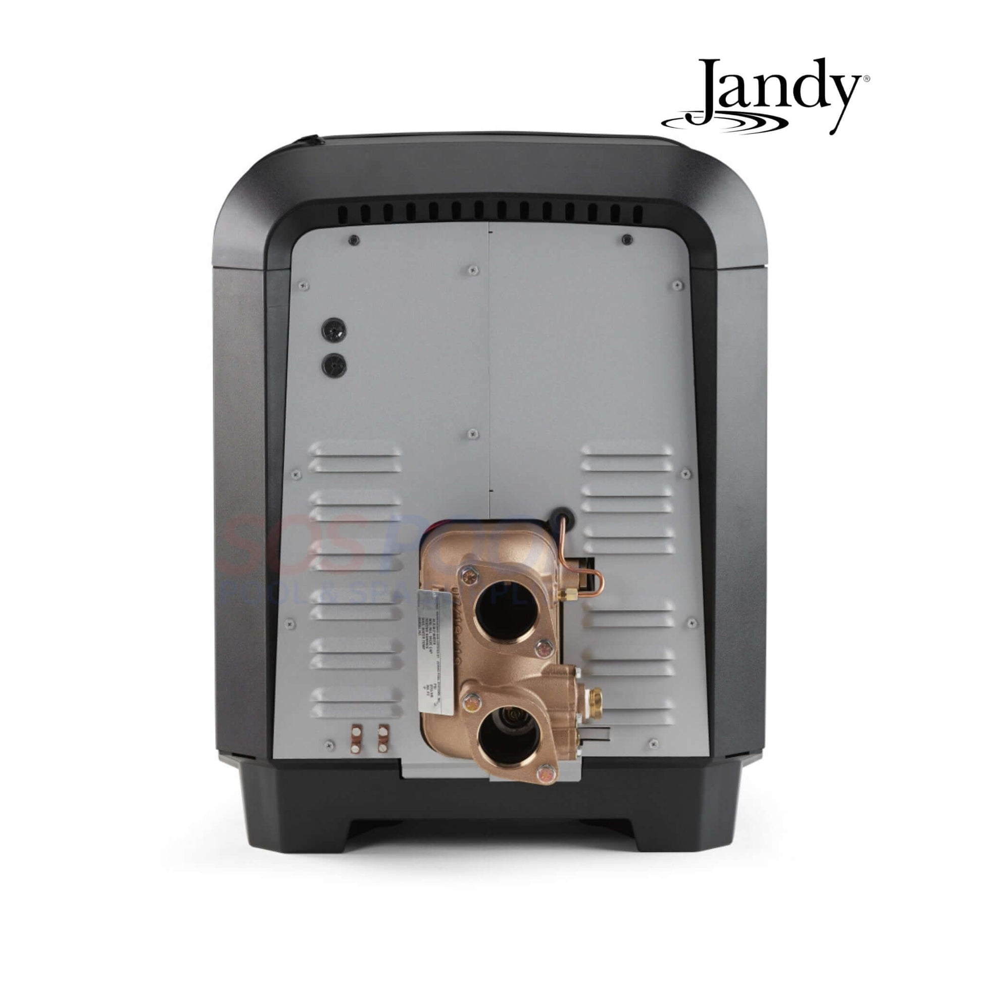 Jandy JXi 400 BTU Pool & Spa Heater rear view, showing durable bronze headers and robust design for commercial use.