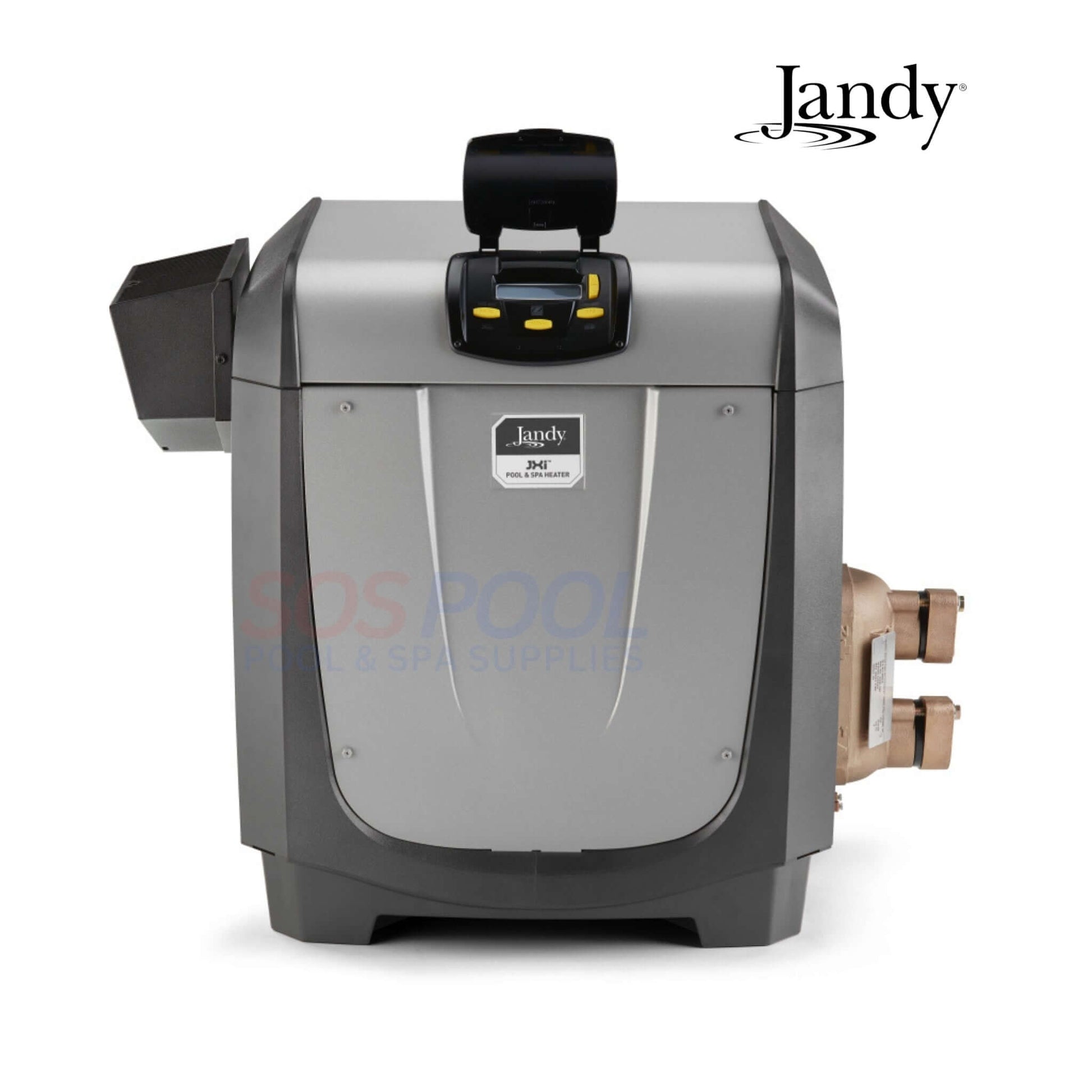 Jandy JXi 400 BTU heater in silver, showcasing front view, designed for pool and spa use, available at SOS Pool supplies.