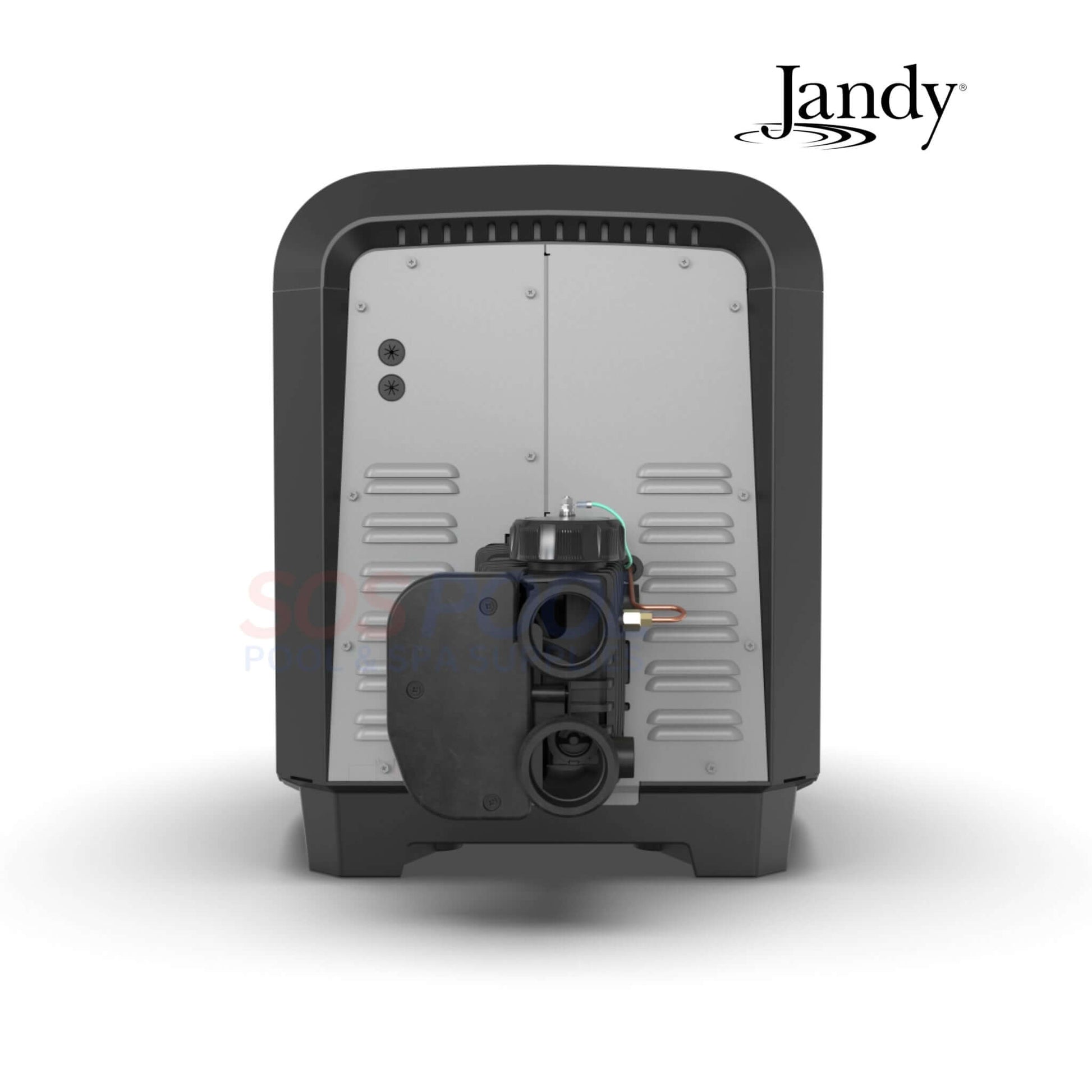 Jandy JXiQ 260 BTU Natural Gas Heater back view, showcasing connections and sleek design, perfect for SOS Pool supplies.