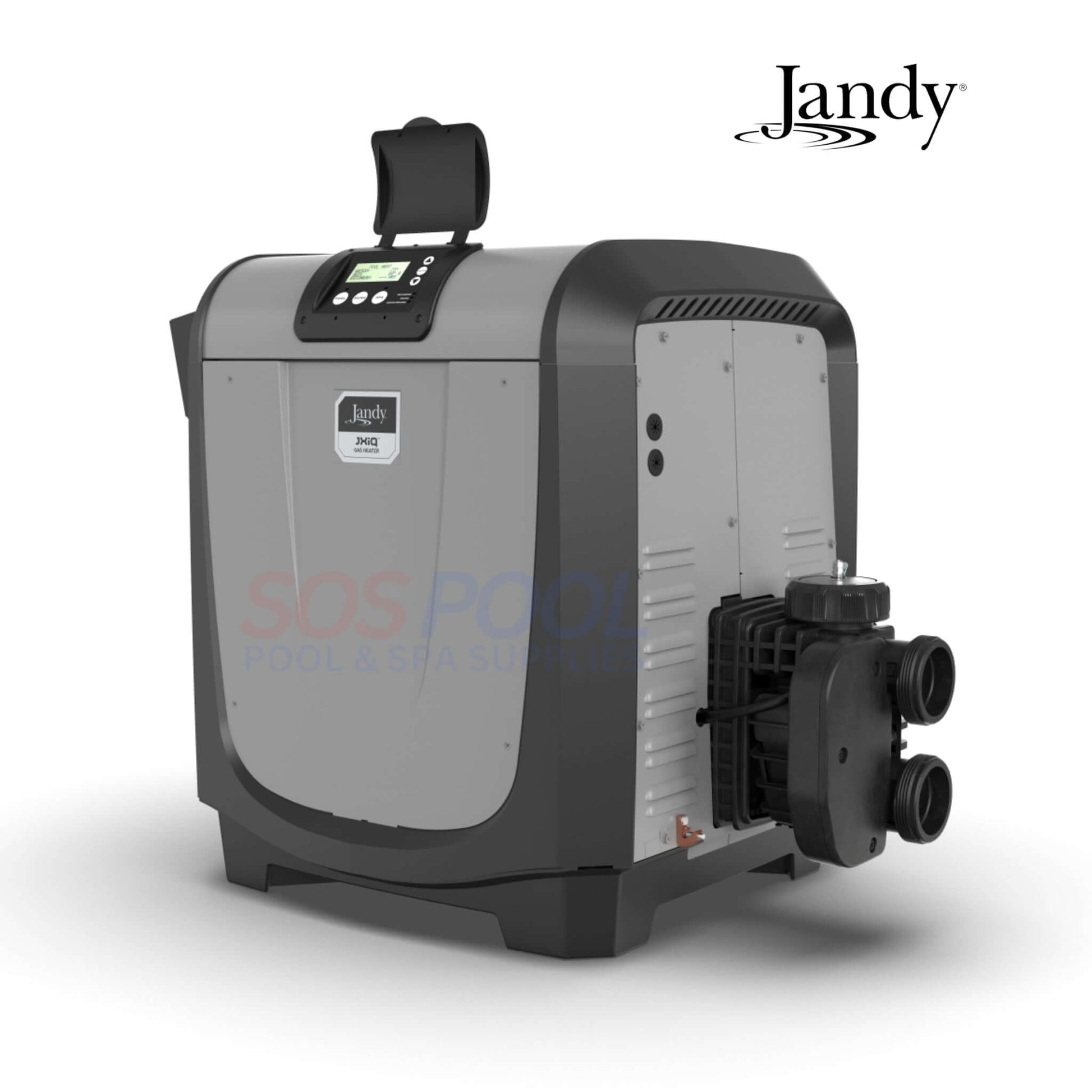Jandy JXiQ 400NK natural gas pool heater, gray with digital display, ideal for SOS pool and spa supplies.