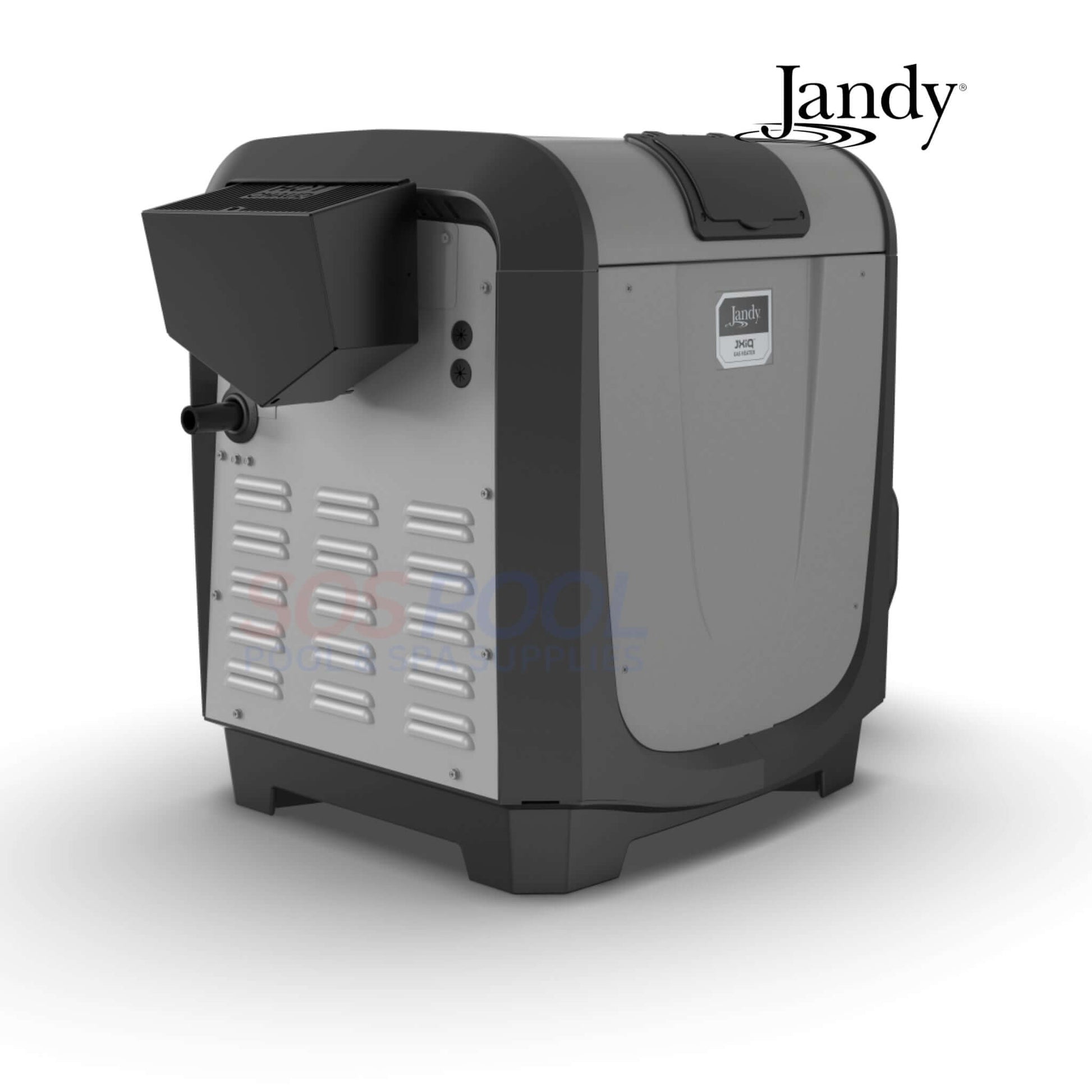 Jandy JXiQ 400BTU Natural Gas Pool Heater, gray with vent, efficient copper heat exchanger, ideal for residential and commercial use.