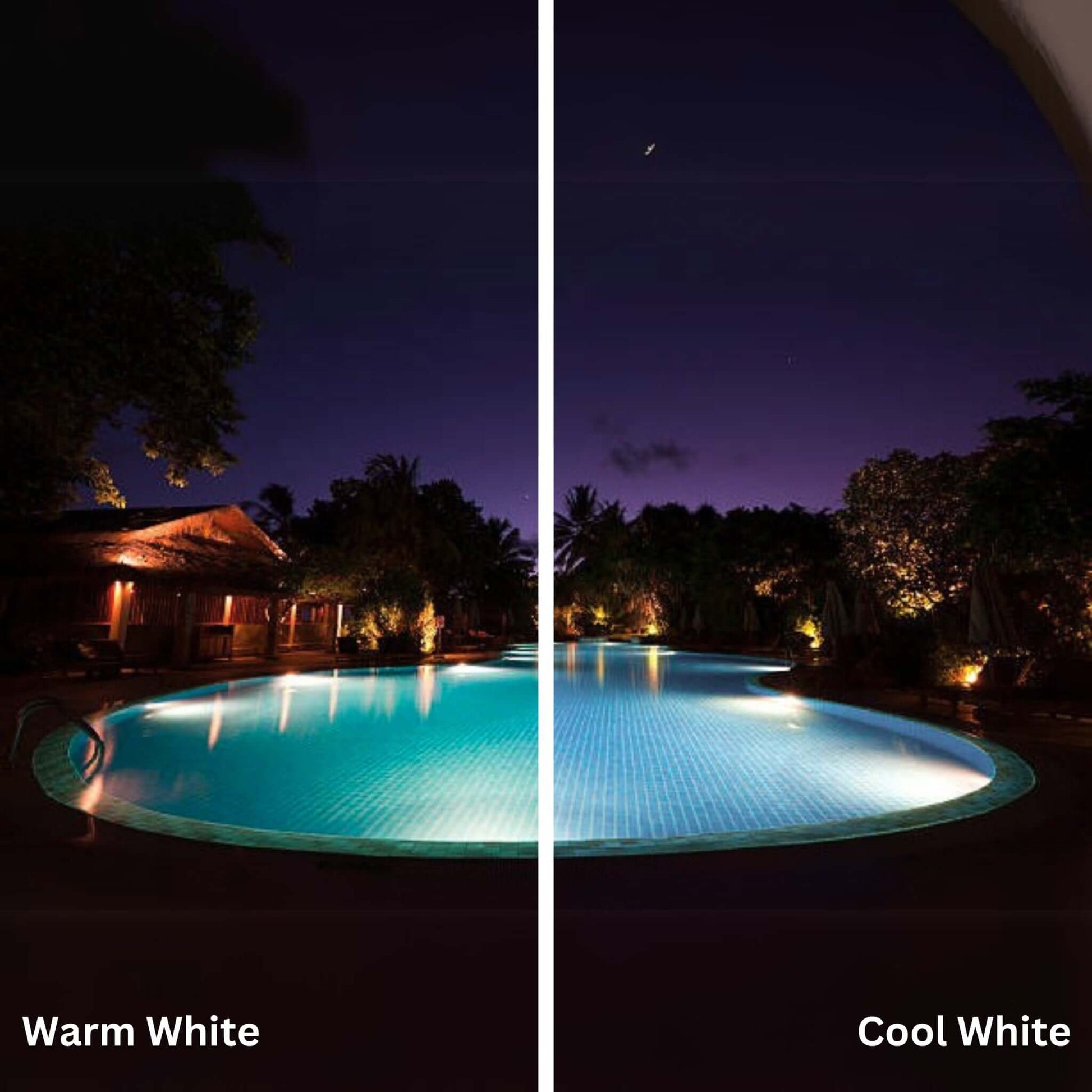 Compare J&J Electronics PureWhite Pro LED Pool Lamp | Cool White | 120V | 46610 illumination with warm white in a pool setting.