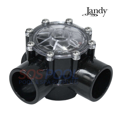 Jandy 90 Degree Check Valve 7511 for pools, 1.5"-2" plumbing, featuring clear lid, red seal by SOS Pool.