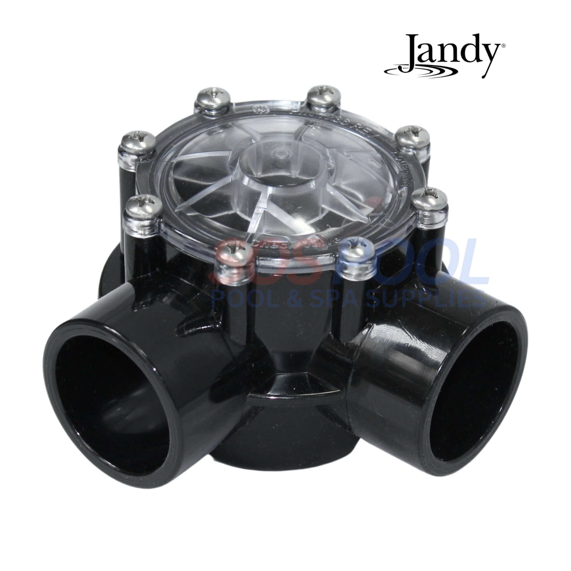 Jandy 90 Degree Check Valve 7512 for SOS Pool, 2"-2.5" plumbing with clear lid for easy inspection.