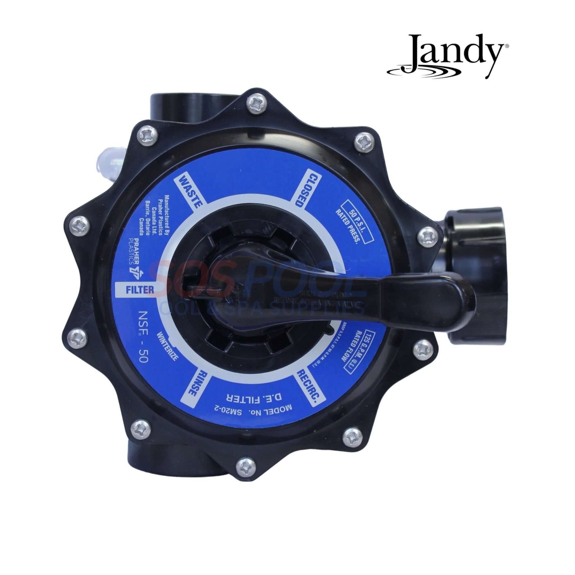 Jandy DEL48/60 2" Side Mount Multiport Valve | A0553645 with blue control label, designed for precise pool flow management.