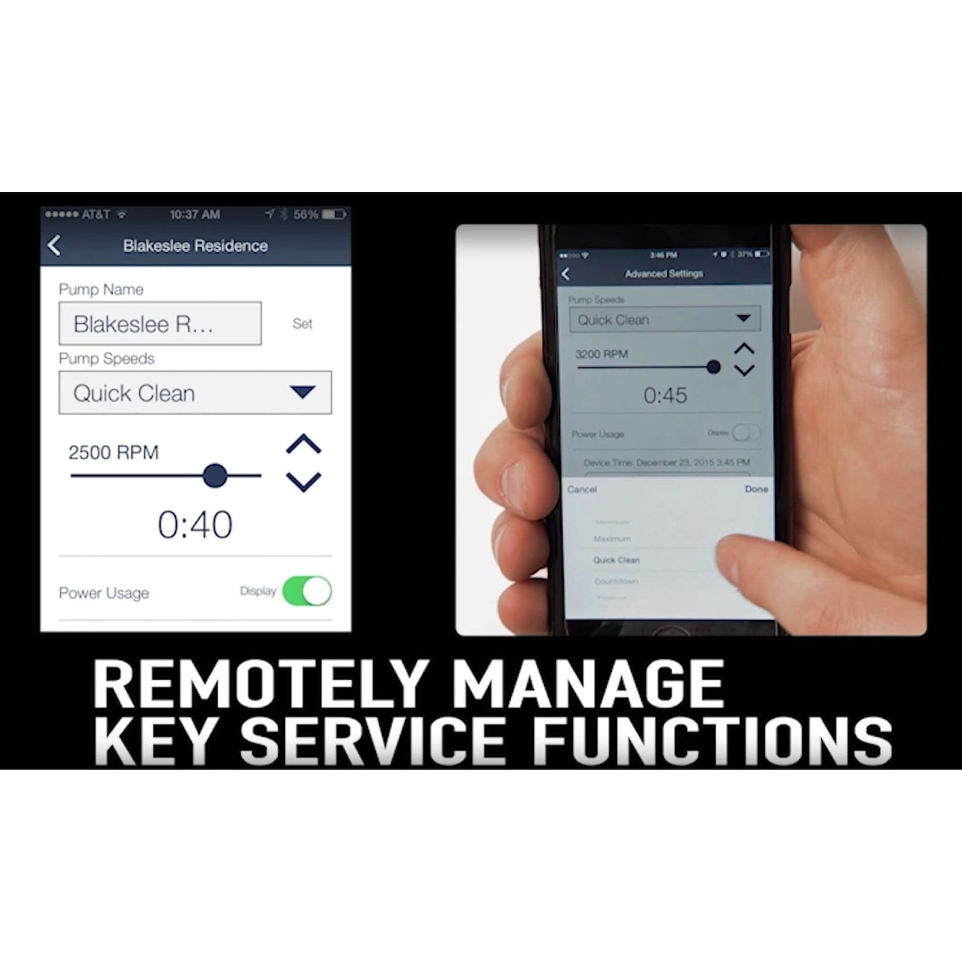 Jandy IQPUMP01 Pool Pump Automation System app showing pump settings and service functions for remote management.