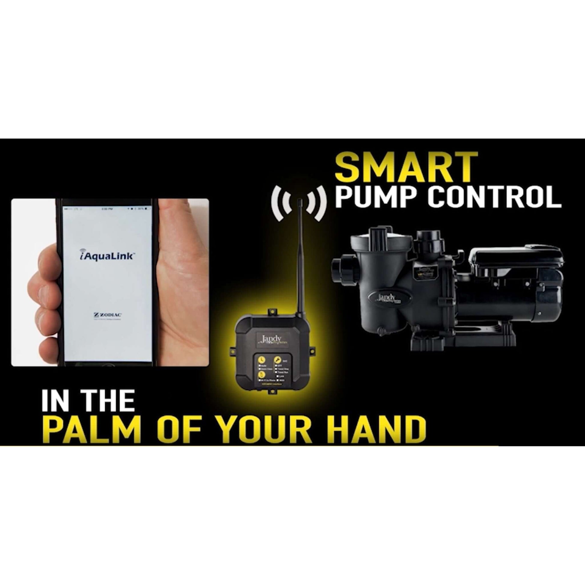Jandy IQPUMP01 pool pump automation system with smart control shown on a smartphone and device with Wi-Fi signal.