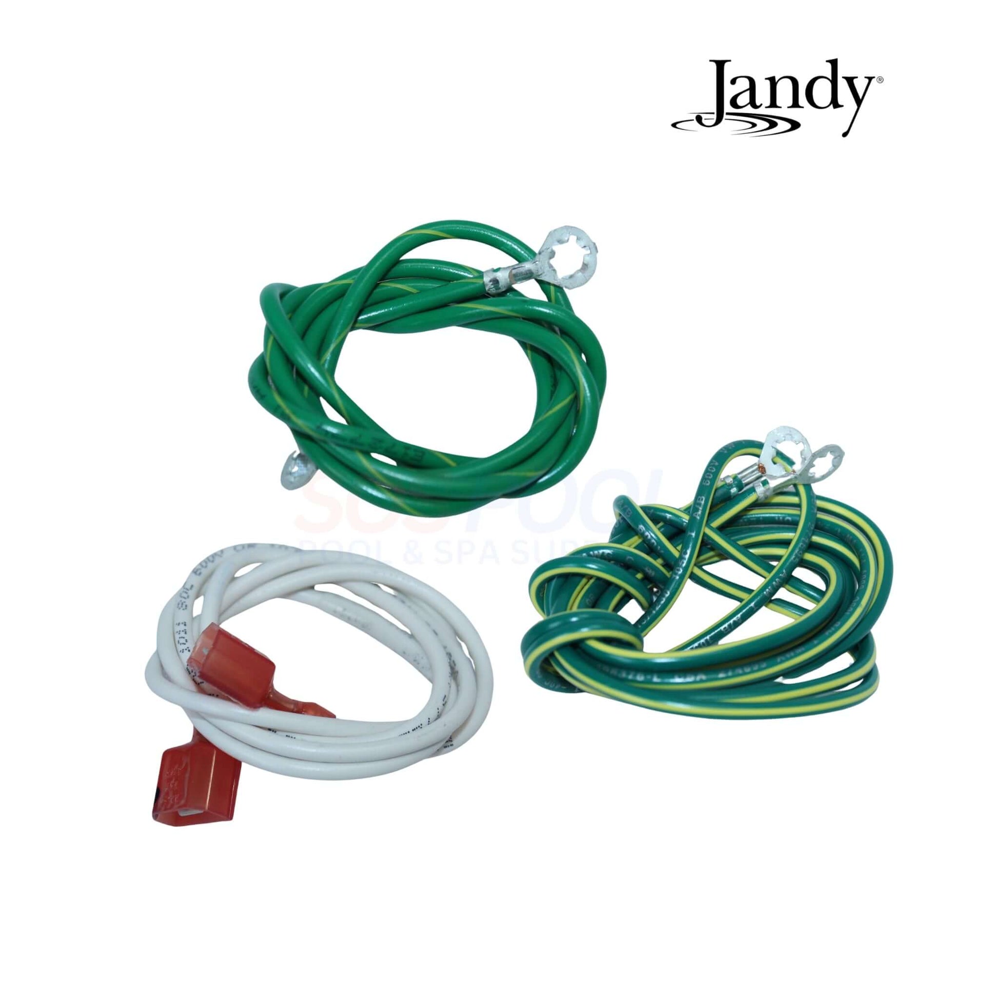 Jandy R0988900 Wiring Harness Kit for JXiQ heaters, showcasing three durable wires in green and white, essential for pool supplies.