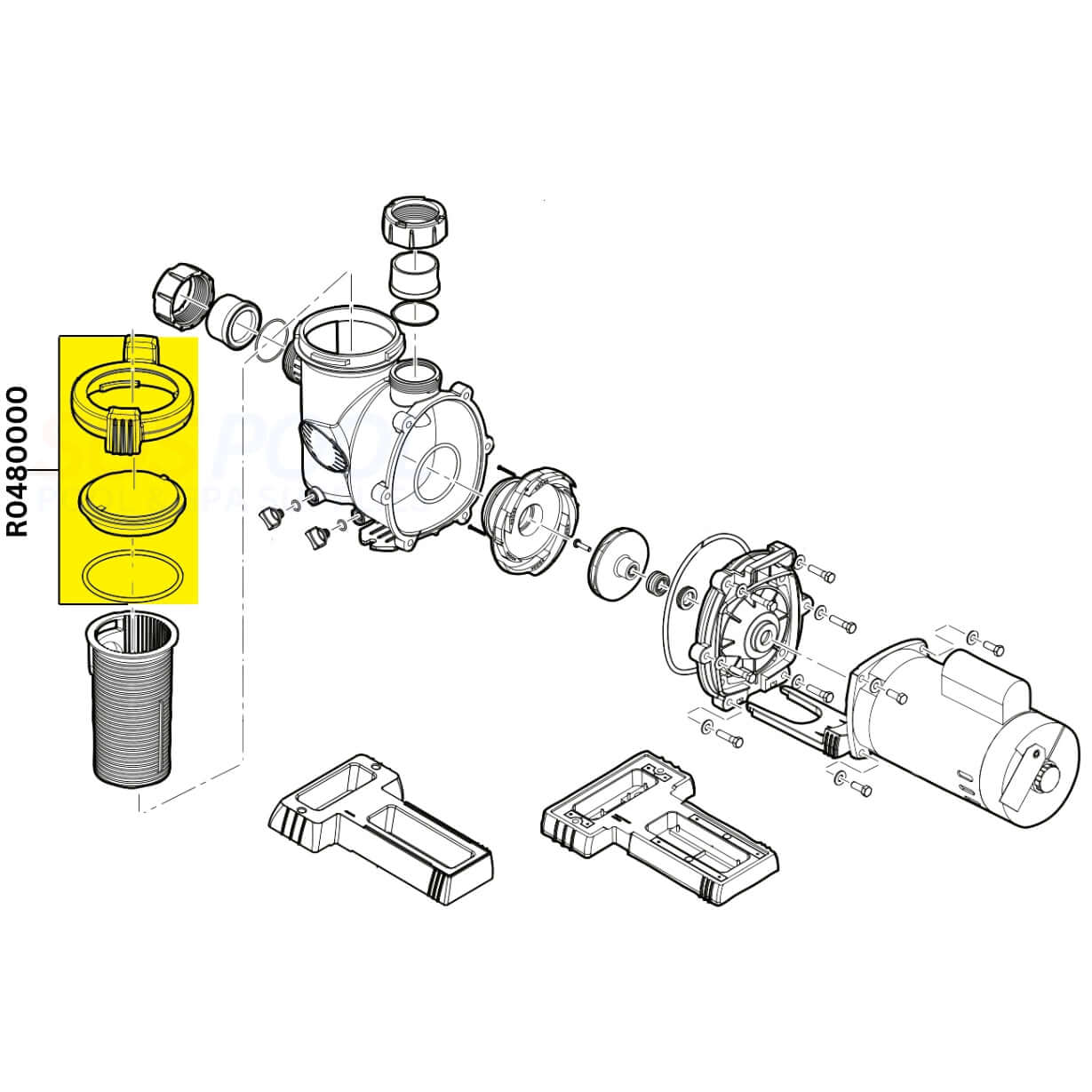 Exploded view of Jandy Lid with Locking Ring Assembly R0480000 for SOS Pool FloPro Pumps, showcasing components.