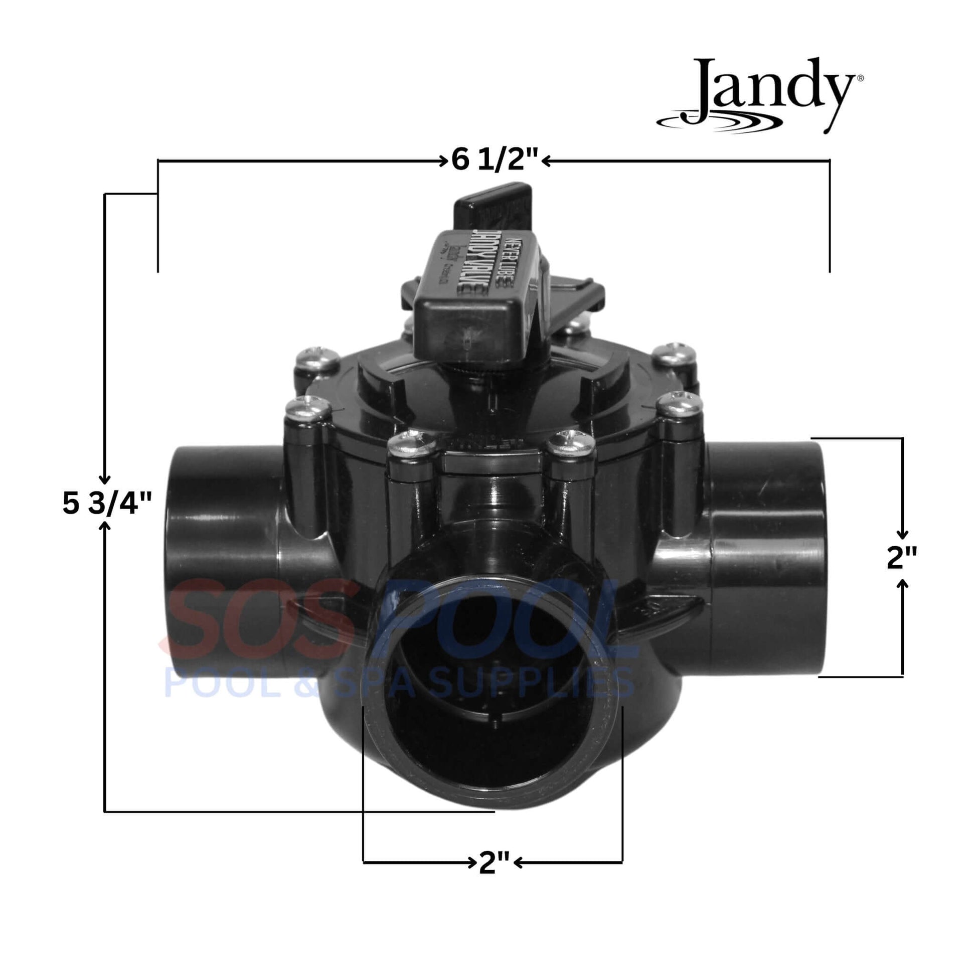 Jandy NeverLube 3 Port Diverter Valve 4715 with dimensions for pool systems, from SOS Pool. Durable, maintenance-free design.