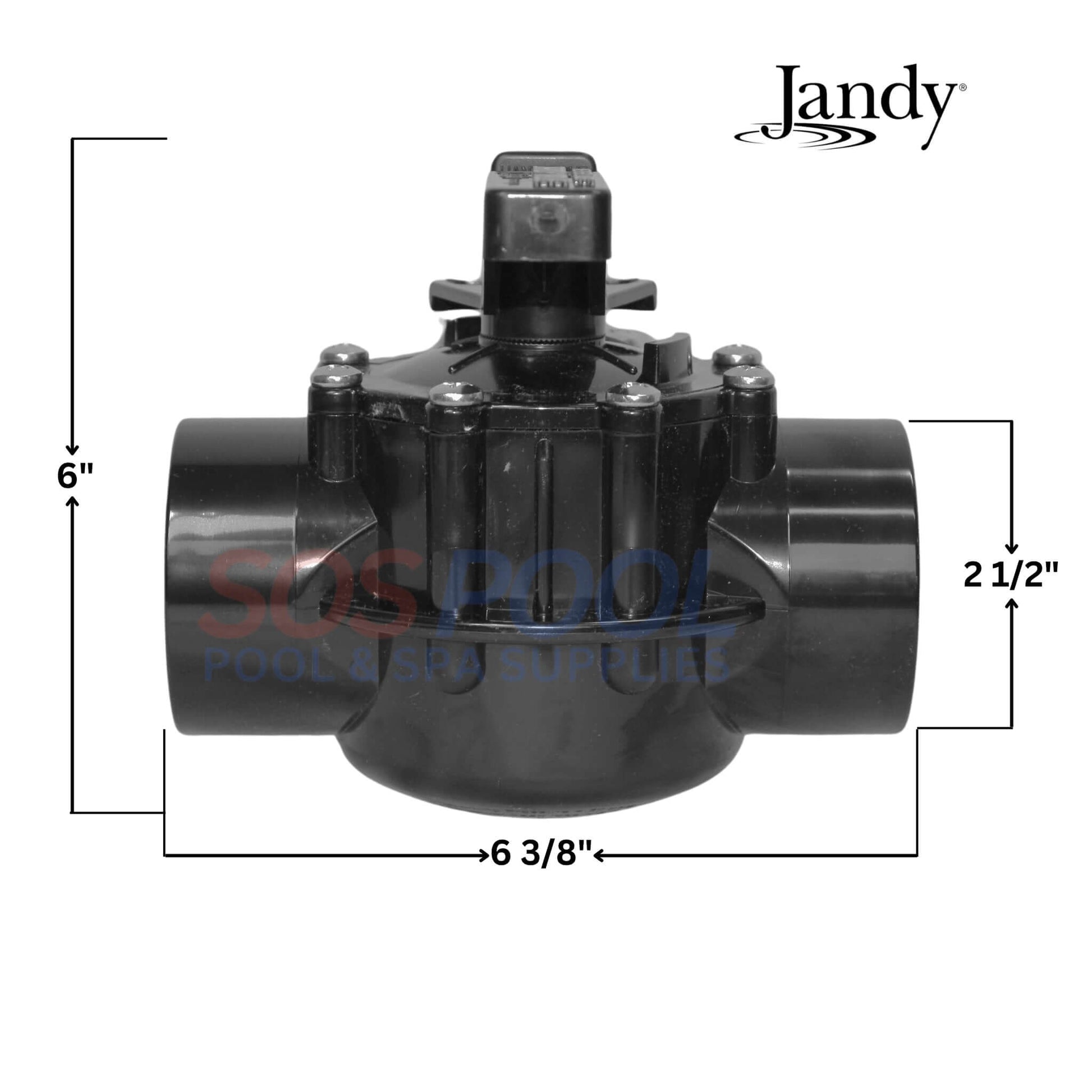 Jandy NeverLube 2-Port Diverter Valve dimensions 6 x 6 x 2.5 inches for efficient pool flow management at SOS Pool.