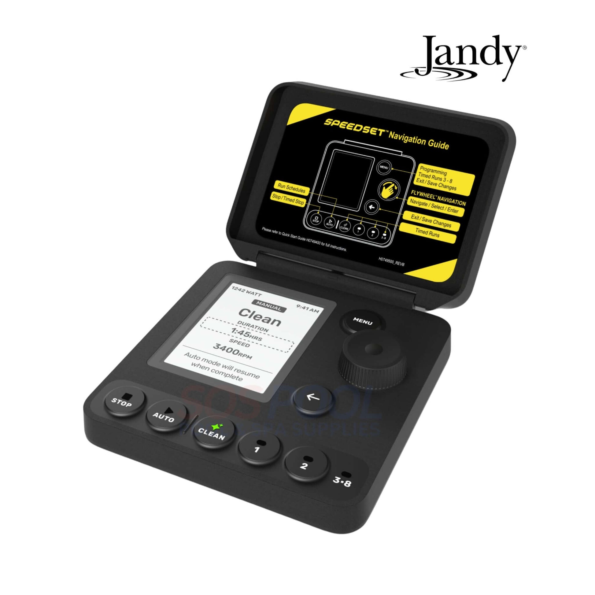 Jandy SPEEDSET Pump Controller showing screen and buttons in black, ideal for easy swimming pool pump scheduling and maintenance.