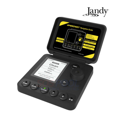 Jandy SPEEDSET Pump Controller showing screen and buttons in black, ideal for easy swimming pool pump scheduling and maintenance.