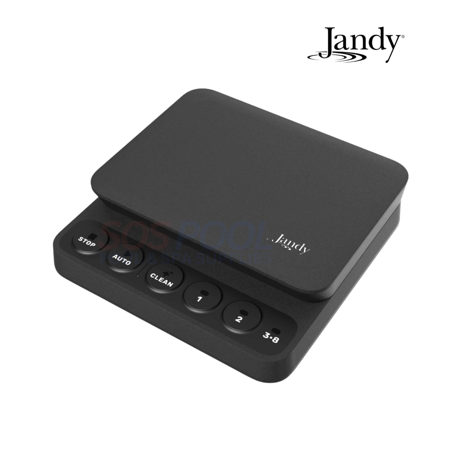 Jandy SPEEDSET Pump Controller in sleek black, featuring buttons for Stop, Auto, Clean, and schedule settings. Ideal for pool supplies.
