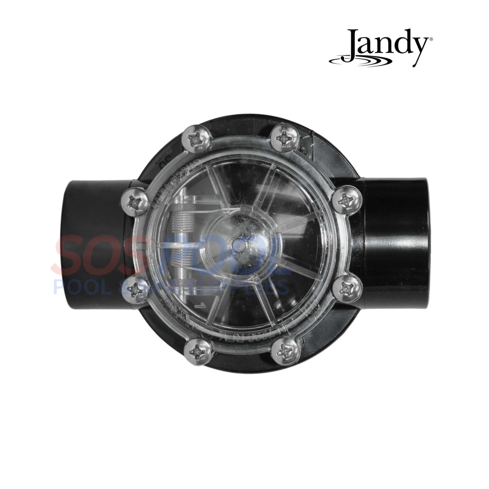 Jandy Swing Straight Check Valve 7305 for pool systems, clear lid, durable CPVC, ideal for SOS Pool applications.