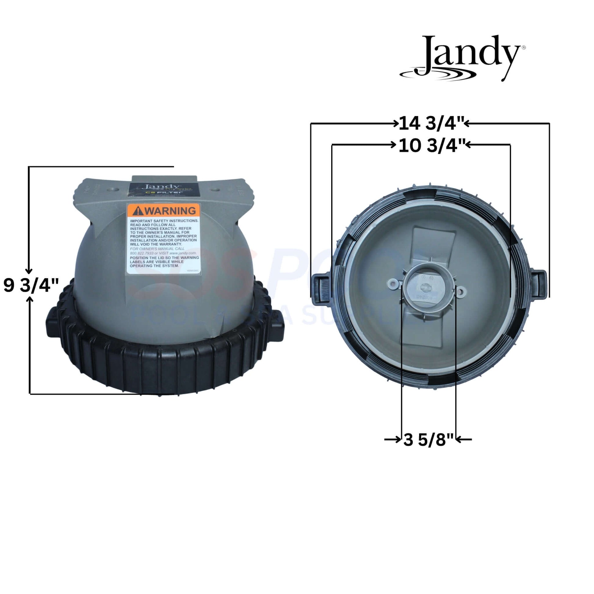 Jandy Top Housing Assembly R0461900 for CS100 CS150 Filters with dimensions ensuring proper fit for SOS Pool.
