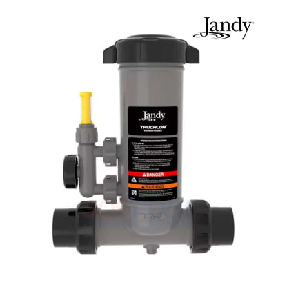 Jandy TruChlor Erosion Feeder Chlorinator TCLVSCG in gray with warning labels, ideal for efficient chlorine distribution in swimming pools, SOS Pool supplies.
