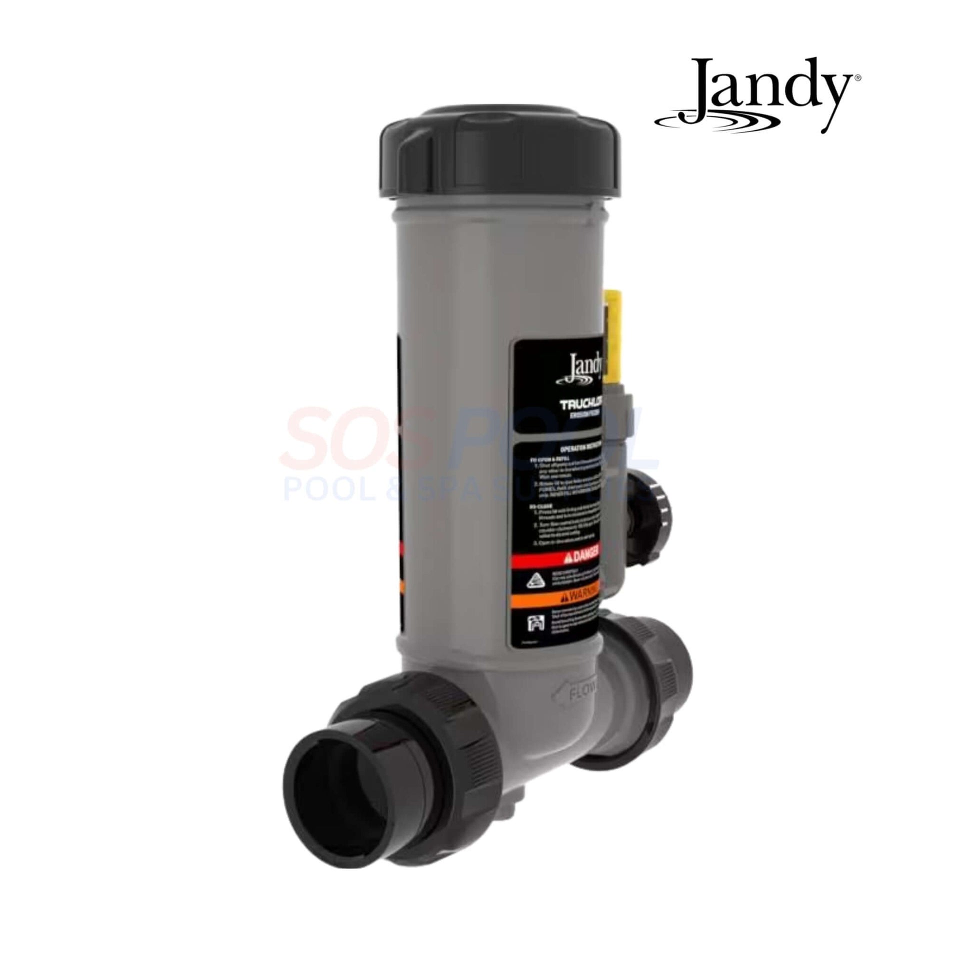 Jandy TruChlor Erosion Feeder Chlorinator TCLVSCG in gray, showcasing ports for pool water connection. Ideal for SOS Pool supplies.