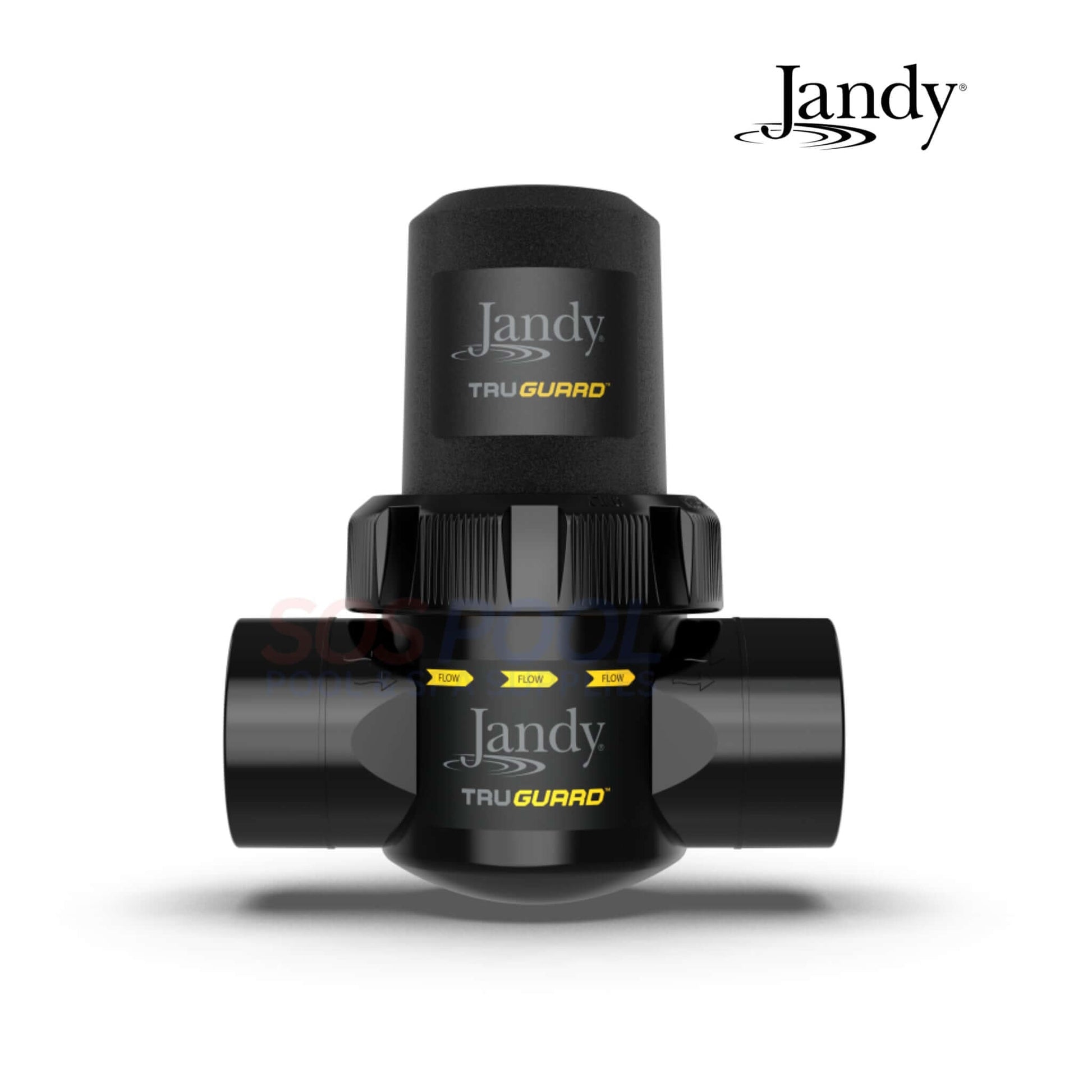 Close-up of Jandy TruGuard Mineral Filter & Sanitizer, black, showcasing advanced technology for swimming pool maintenance.
