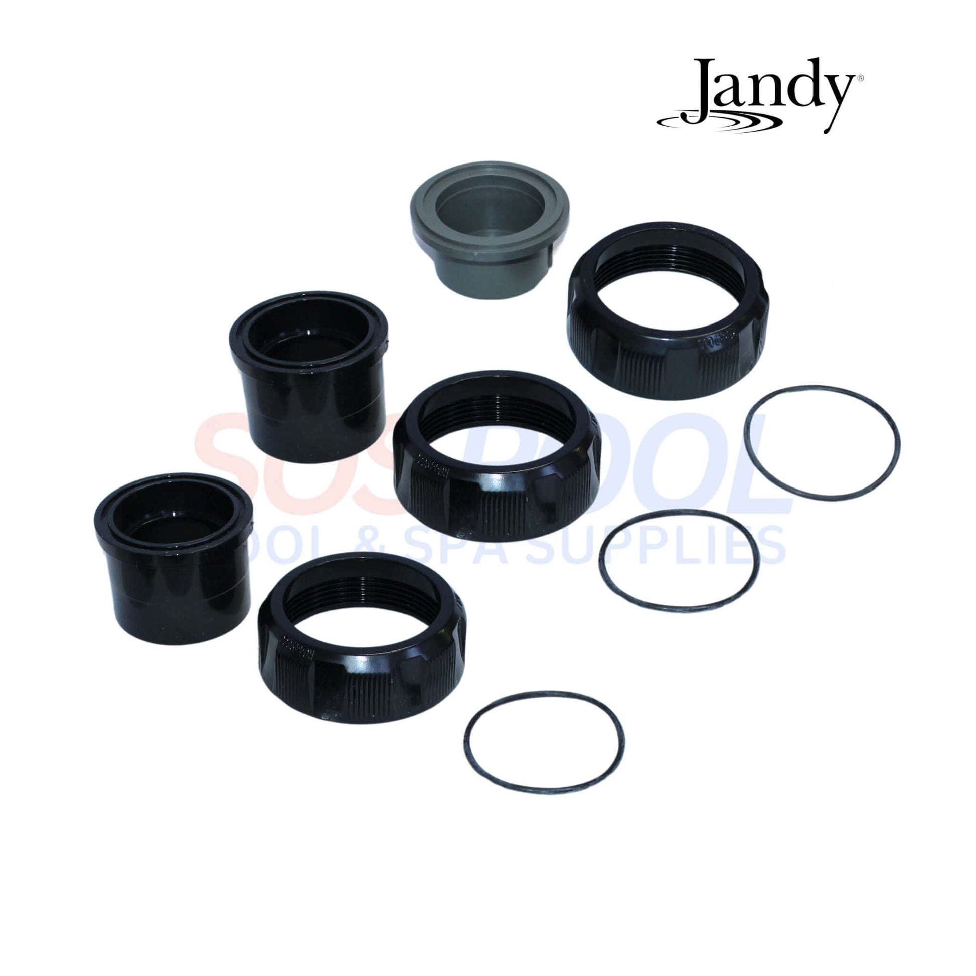 Jandy Universal Union Kit R0452100 components including nuts, O-rings, tailpieces for SOS Pool systems.