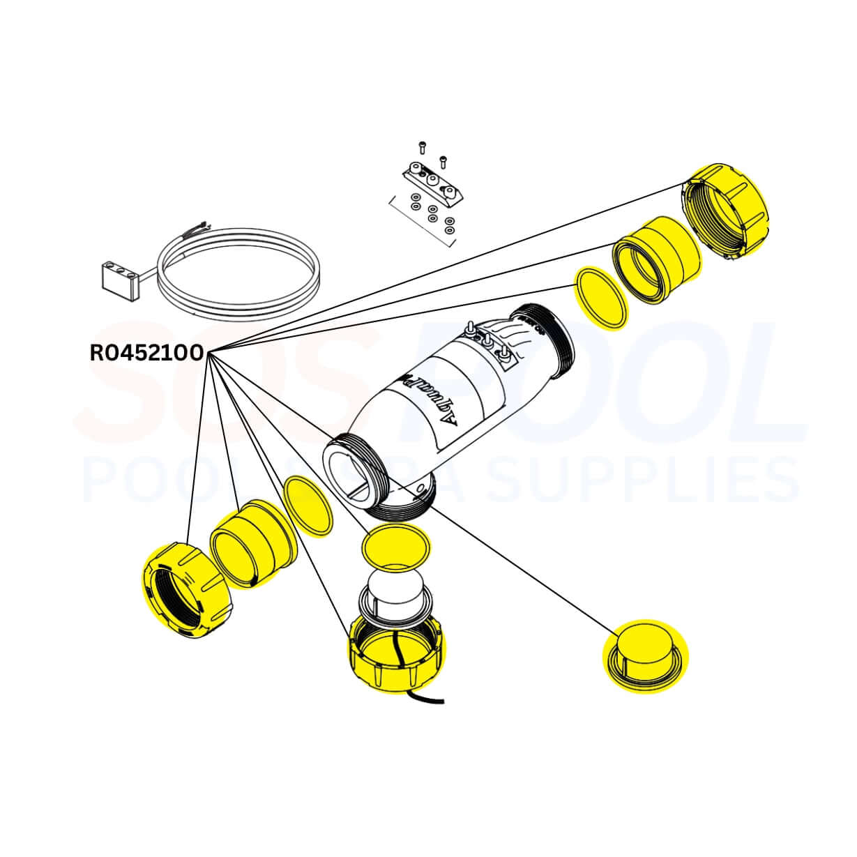 Jandy Universal Union Kit R0452100 parts illustration, including O-rings and union nuts for SOS Pool systems.