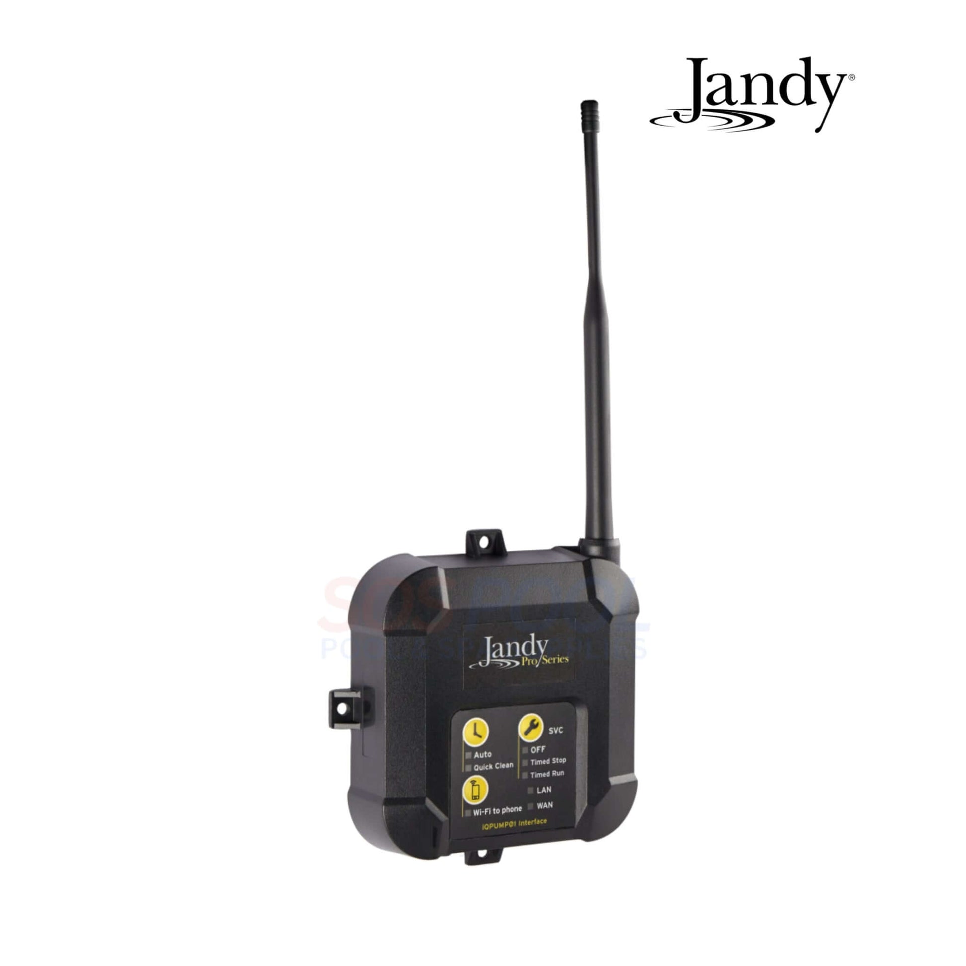 Jandy IQPUMP01 Pump Automation System showing black device with antenna, used for pool automation, part of SOS Pool supplies.