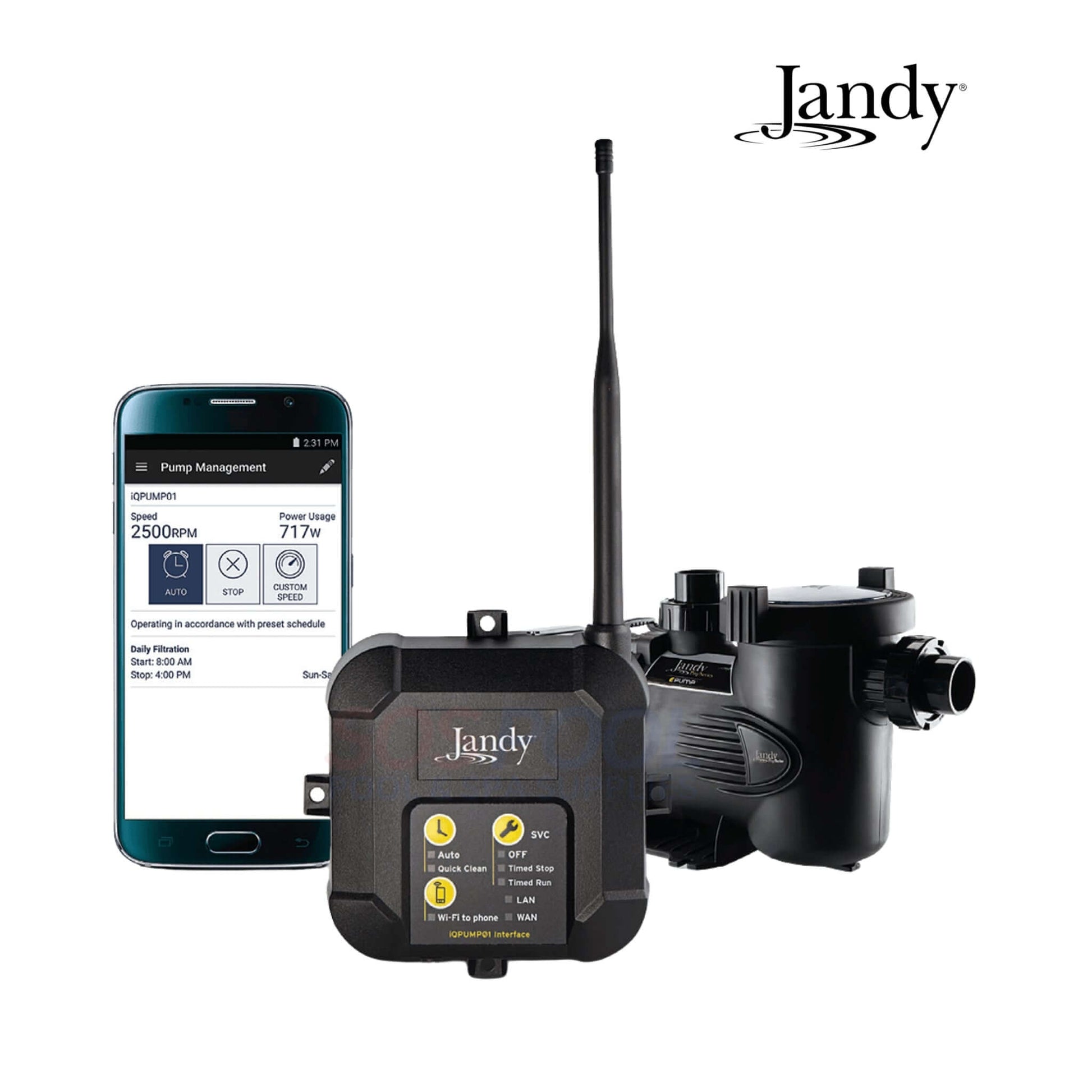 Jandy IQPUMP01 Pool Pump Automation System with smartphone app, showcasing Wi-Fi control for swimming pool management.