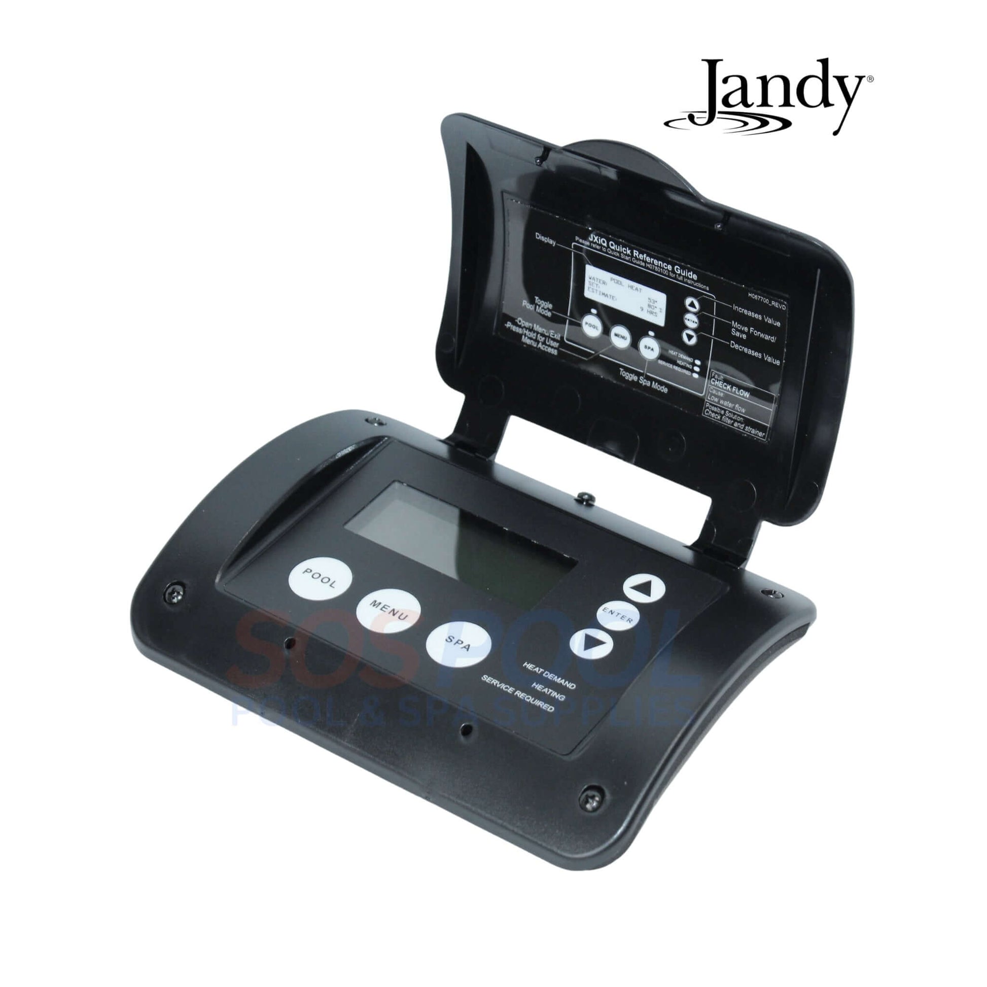 Jandy User Interface Kit for JXiQ Heaters R0988800, displaying a black control panel with backlit buttons, ideal for pool supplies.