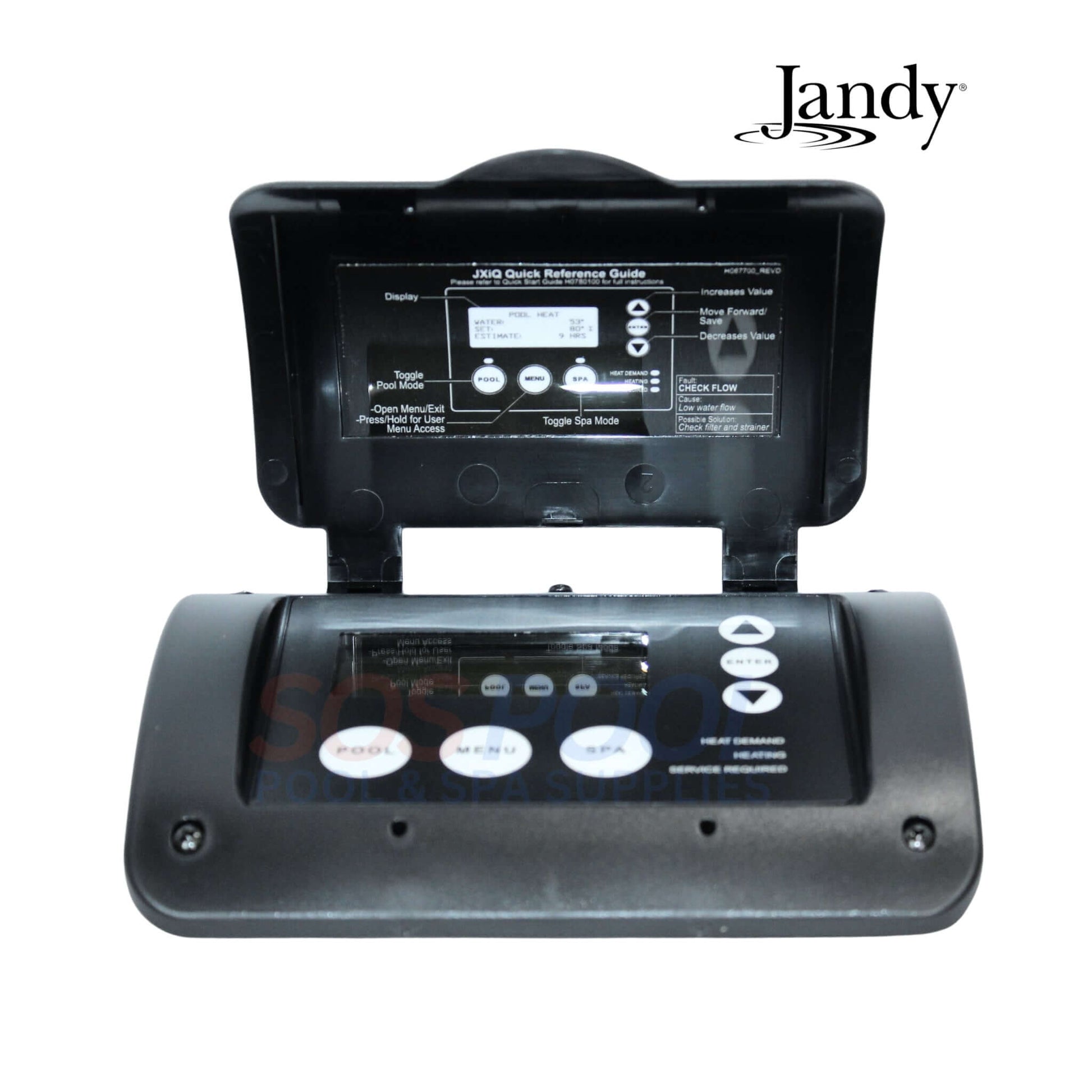 Jandy User Interface Kit R0988800 with black control panel open, featuring backlit buttons for JXiQ heaters, from SOS Pool.