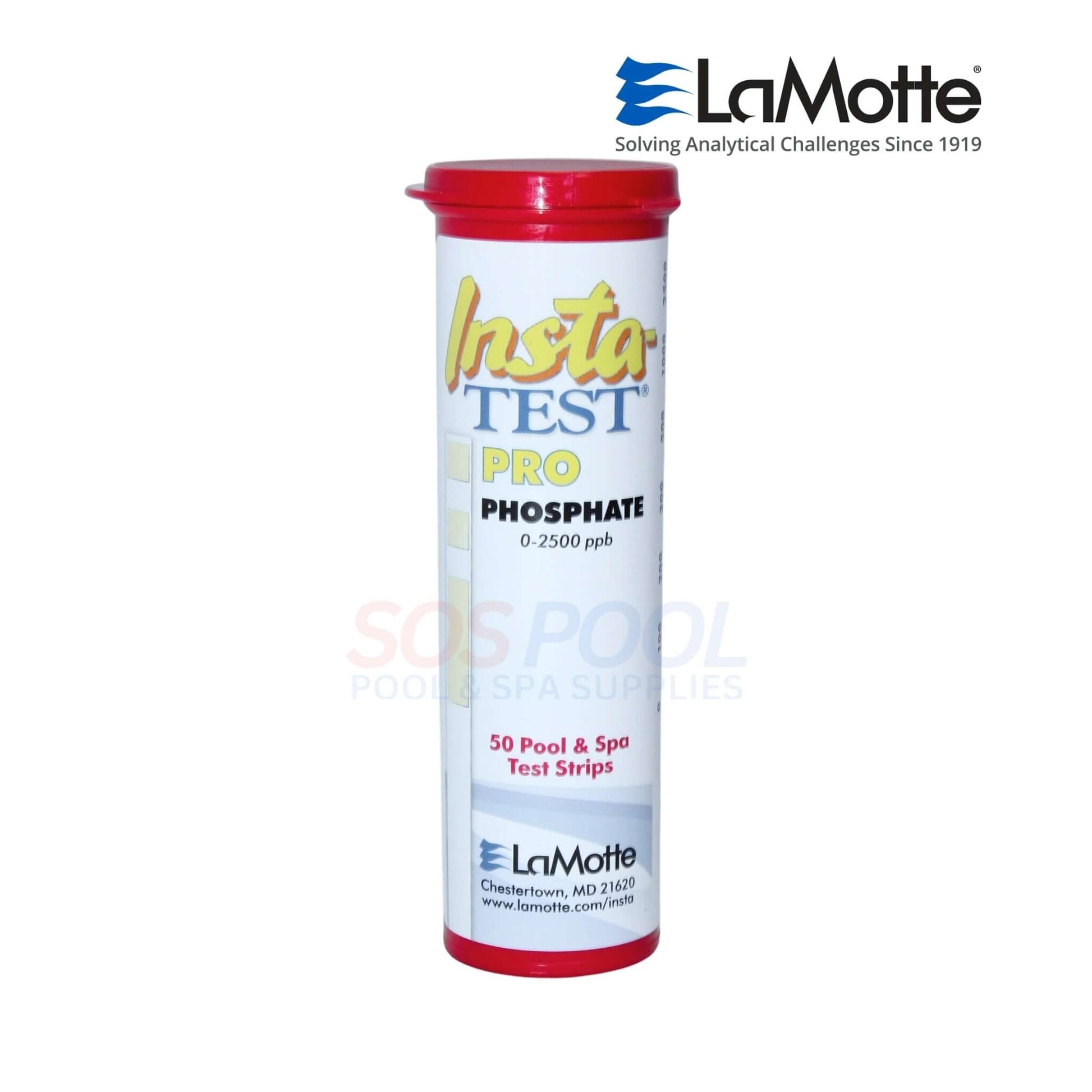 LaMotte Insta-Test Low Range Phosphate Test Strips | 50 Strips | 3021-H-6 in tube, showing phosphate level from 0-2500 ppb.