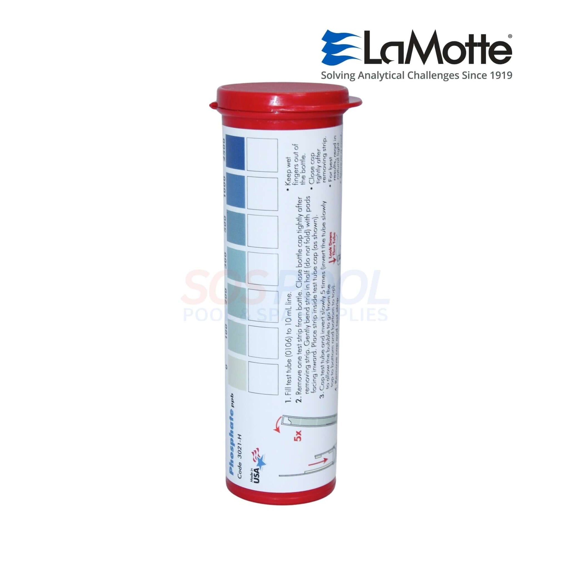 LaMotte Insta-Test Low Range Phosphate Test Strips | 50 Strips | 3021-H-6 in red container showing testing scale, ideal for swimming pool maintenance.