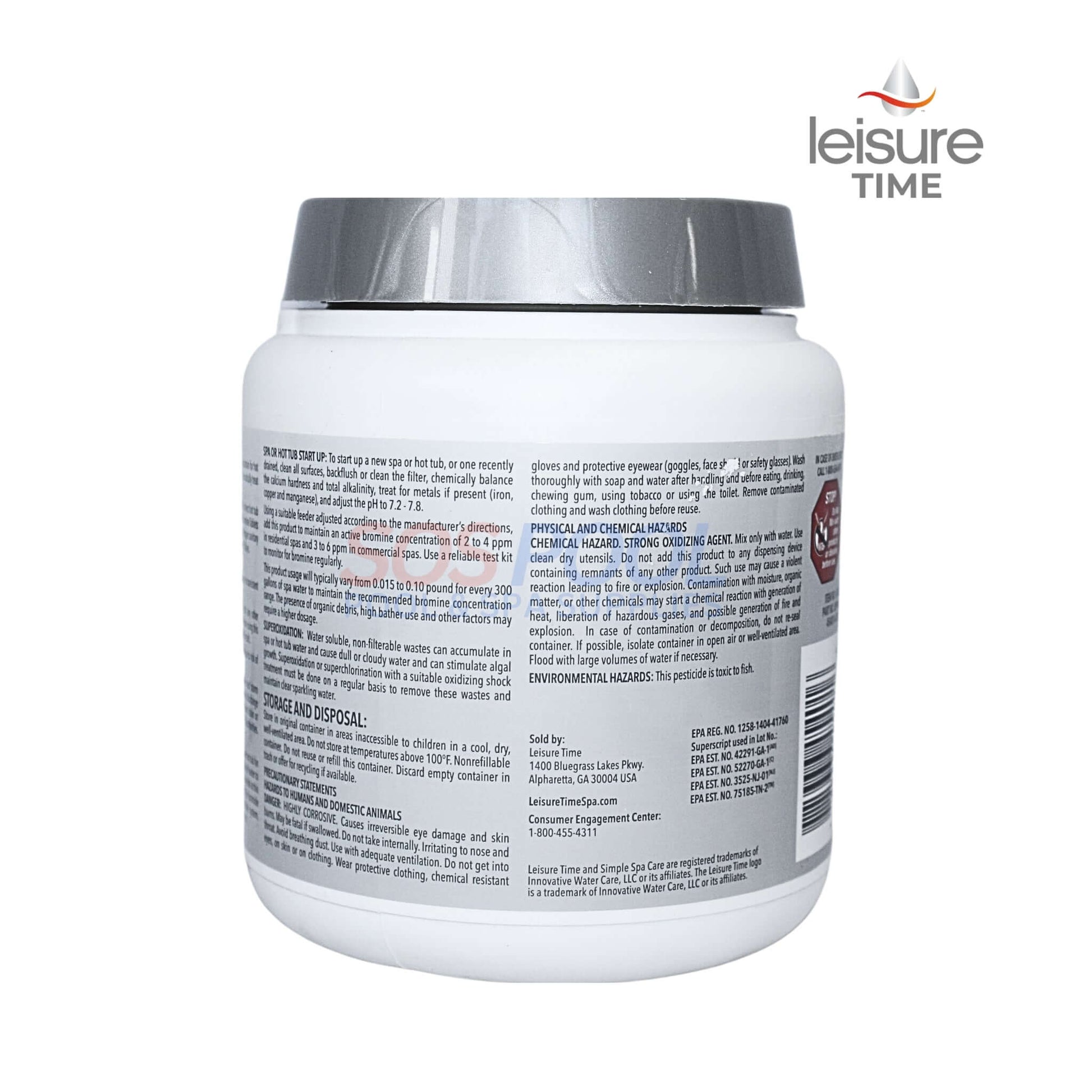 Leisure Time Bromine Tablets 2.2lb container with detailed usage instructions and SOS Pool compatibility.