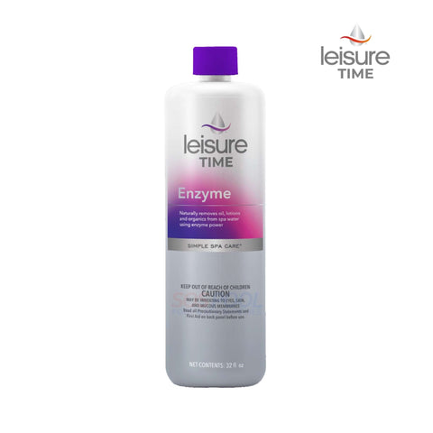 Leisure Time Enzyme, 32 oz. bottle for spa care, breaks down impurities, integrates with SOS Pool systems.