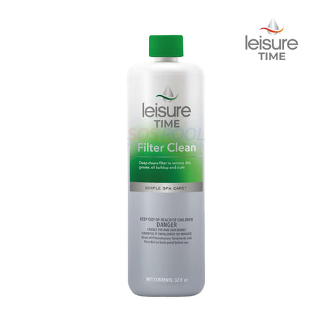 Leisure Time Filter Clean 32 oz. for SOS Pool; removes oils, scale, dirt, and rejuvenates filters efficiently.