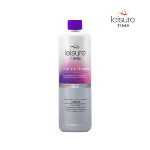 Leisure Time Foam Down, concentrated foam remover for spas, 16 oz. by SOS Pool, designed for hot water application.