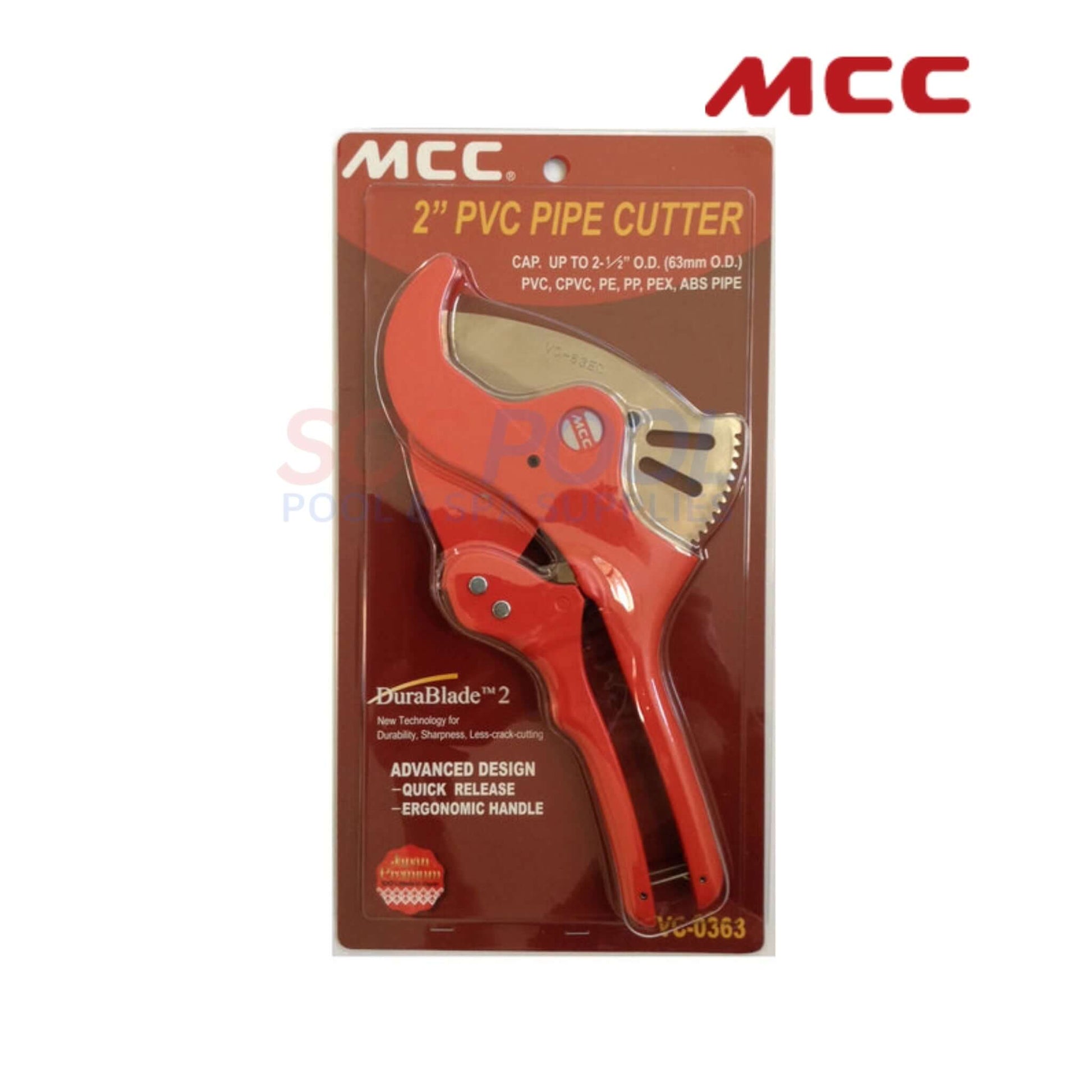 MCC PVC Pipe Cutter 2.5" | VC-0363 in red, ergonomic design for plumbing tasks, cutting PVC and CPVC pipes.