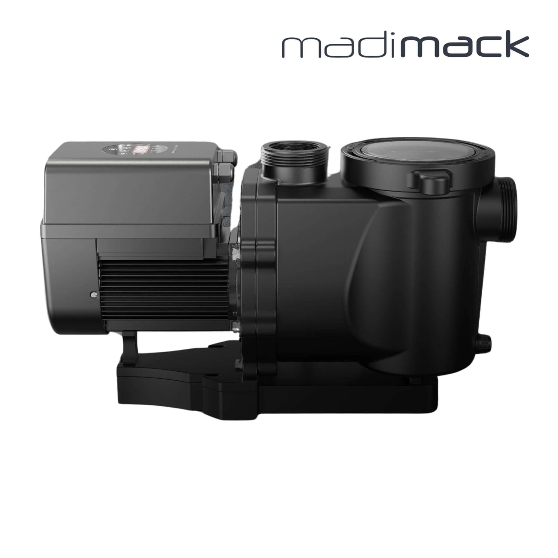 MadiMack InverFlow Plus VSP Pool Pump | WiFi Enabled | 5-Year Warranty side view, sleek black design, optimal for pool supplies, SOS Pool, swimming pool parts.
