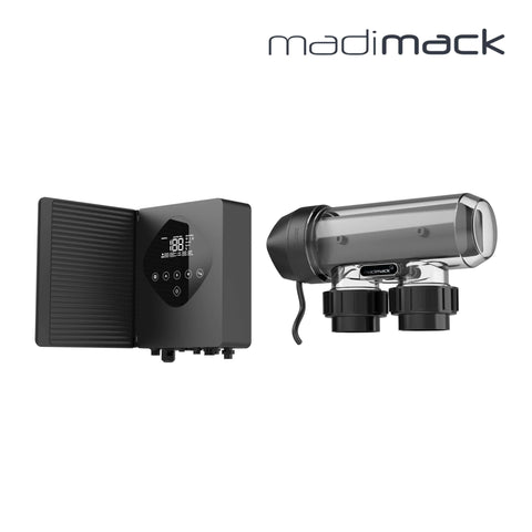 MadiMack Smart InverChlor Salt Chlorinator System | WiFi Enabled | 4-Year Warranty showing display unit and flow cell for pool care.