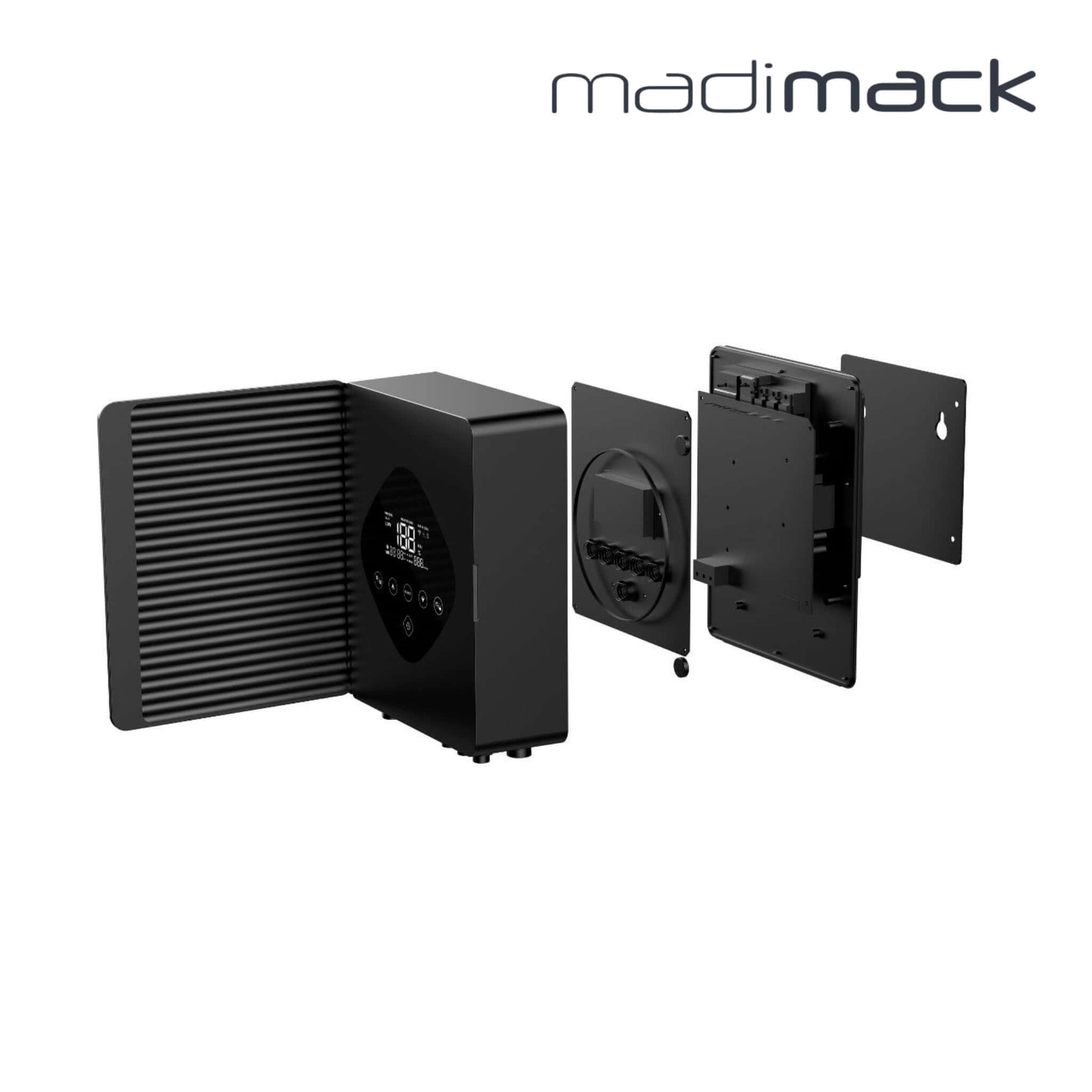 MadiMack Smart InverChlor Salt Chlorinator System | WiFi Enabled | 4-Year Warranty shown in black with detachable components for pool care automation.